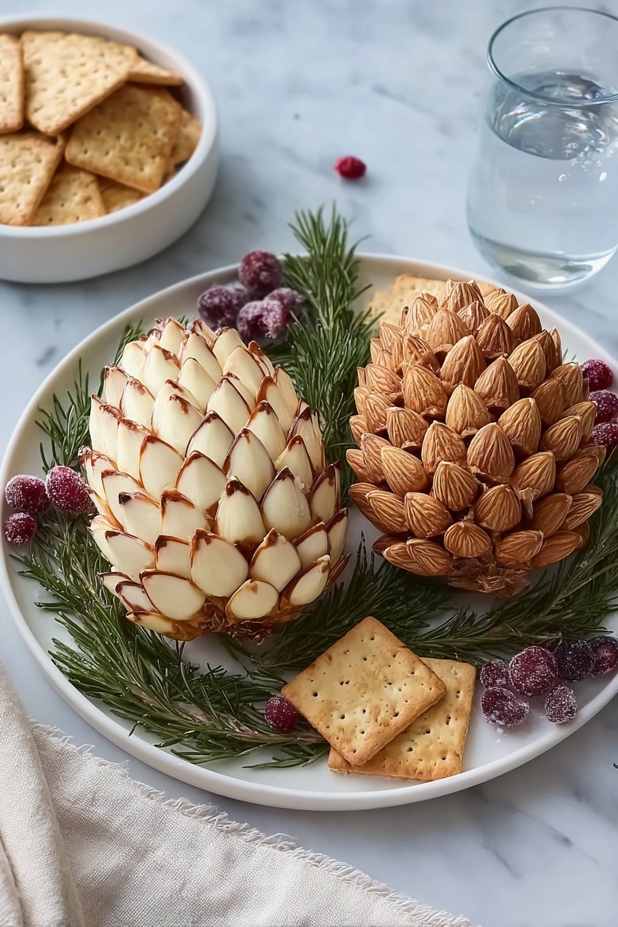 Two pinecone-shaped cheese balls sit side by side on a white plate. The left cheese ball is decorated with overlapping light almond slices edged with brown, creating a textured pinecone look. The right cheese ball has whole brown almonds tightly packed, also shaped like a pinecone. Both cheese balls rest on a bed of dark green rosemary sprigs, with frosted red and purple cranberries scattered among the herbs. Near the cheese balls, a few square crackers lie on the white marbled surface. A white bowl filled with more square crackers and a glass of water are partially visible in the background. The corner of a white cloth is visible at the bottom of the scene. Photo taken with an iphone --ar 2:3 --v 7 - Pinecone Cheese Ball, festive appetizer, holiday cheese ball, cheese ball recipe, pinecone shaped cheese ball