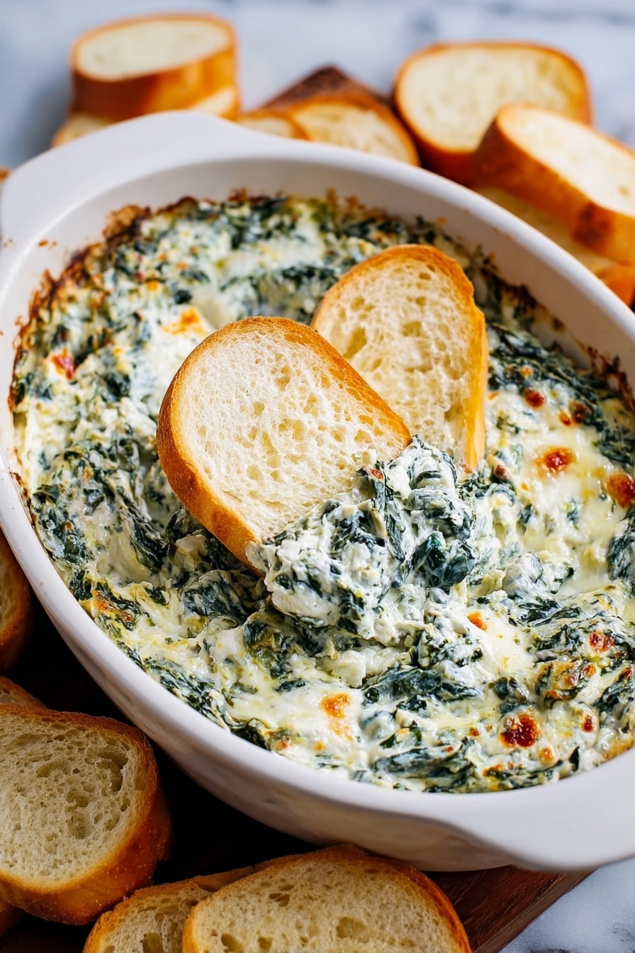 A white baking dish filled with a creamy spinach dip that has a mix of green spinach leaves and melted white cheese with some light brown spots on top. Two slices of white bread are placed dipped into the dip near the center, showing the thick texture of the spinach mix. Around the dish, more slices of white bread are stacked, all on a white marbled surface. The creamy dip looks soft and mixed well with green and white colors, with some small bits of orange and brown. Photo taken with an iphone --ar 2:3 --v 7 - Cheesy Spinach Dip, easy spinach dip recipe, creamy appetizer recipes, crowd-pleasing spinach dip, quick party snacks