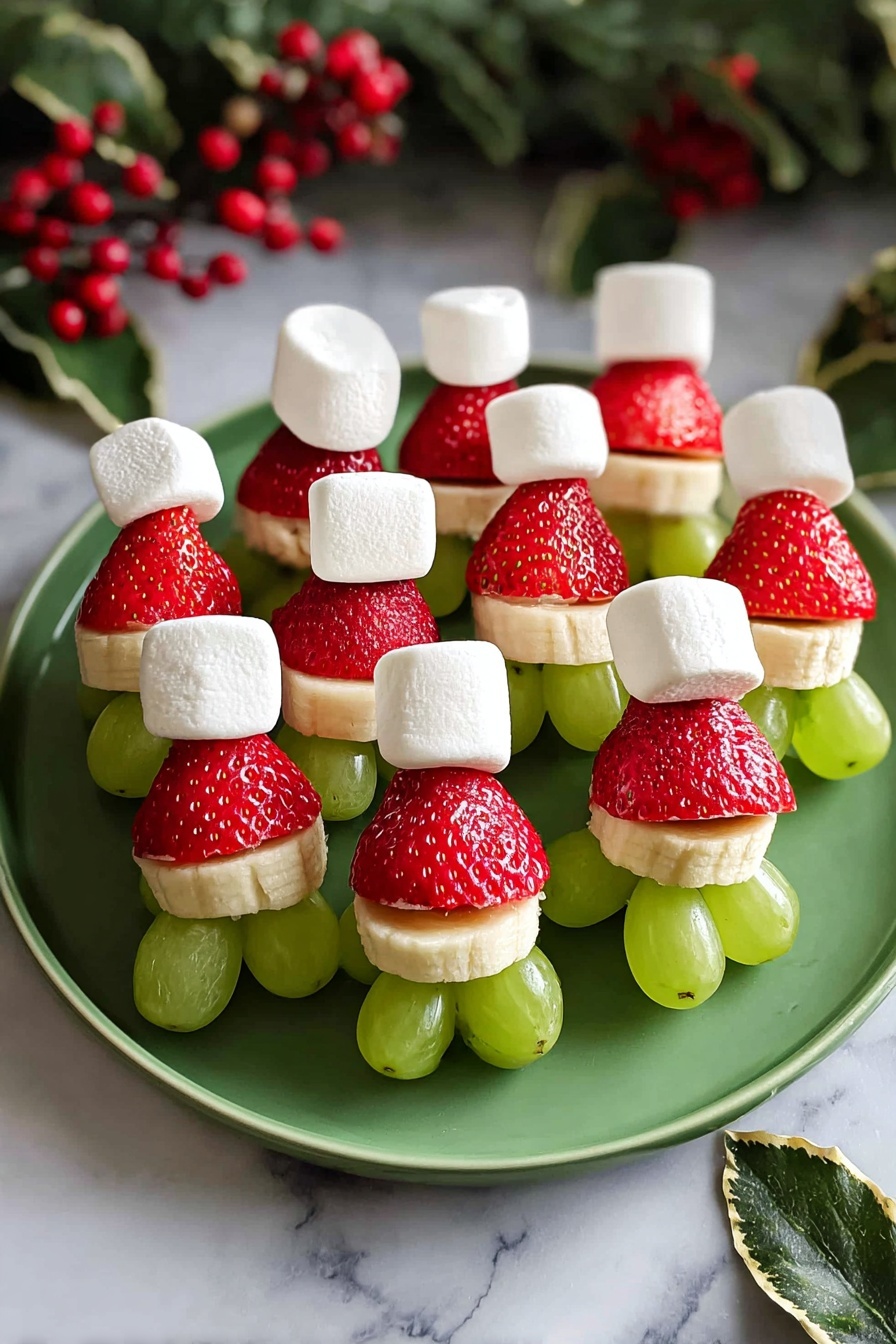 A round green plate holds a pile of small fruit snacks arranged like Santa hats. Each snack is made of four layers: a green grape at the bottom, a banana slice above the grape, a red strawberry placed upside-down on top of the banana slice, and a small white marshmallow on the very top to look like a hat pom-pom. The plate sits on a white marbled surface, with green leaves and red berries surrounding the plate in the background, giving a festive and fresh look. Photo taken with an iphone --ar 2:3 --v 7 - Grinch Fruit Kabobs, holiday fruit skewers, festive snack ideas, kid-friendly party treats, colorful fruit kabobs