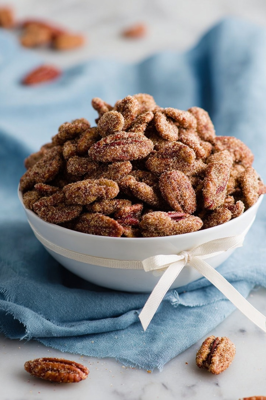 A white bowl filled with a large pile of cinnamon sugar coated pecans, the nuts showing a rough, sugary texture in shades of brown and tan. The bowl is tied with a simple white ribbon and sits on a soft, blue cloth with folds. A few pecans are scattered around the bowl on a white marbled surface. The background is softly blurred, emphasizing the bowl of nuts. photo taken with an iphone --ar 2:3 --v 7 - Candied Cinnamon Pecans, cinnamon candied pecans, sweet spicy pecans, crunchy caramel pecans, easy candied nut recipes