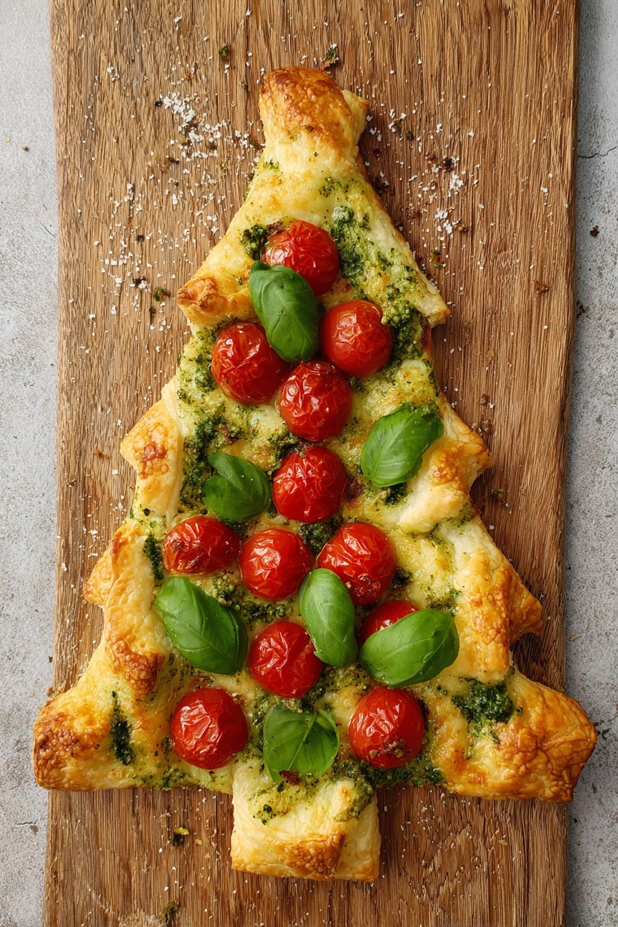 The dish is shaped like a Christmas tree on a wooden surface. It has a base layer of golden-baked puff pastry forming the tree shape with jagged edges on both sides. On top of this pastry, there are bright red cherry tomatoes arranged in two lines running vertically down the tree. Fresh green basil leaves are scattered evenly among the tomatoes, adding lively color. Some green pesto sauce is spread on the puff pastry edges and top tip of the tree. The pastry looks flaky and light with a slightly crispy texture. The white marbled surface is visible only a little at the edges. Photo taken with an iphone --ar 2:3 --v 7 - Puff Pastry Christmas Tree Appetizer, festive holiday appetizers, easy Christmas party snacks, holiday appetizer ideas, Christmas appetizer recipes