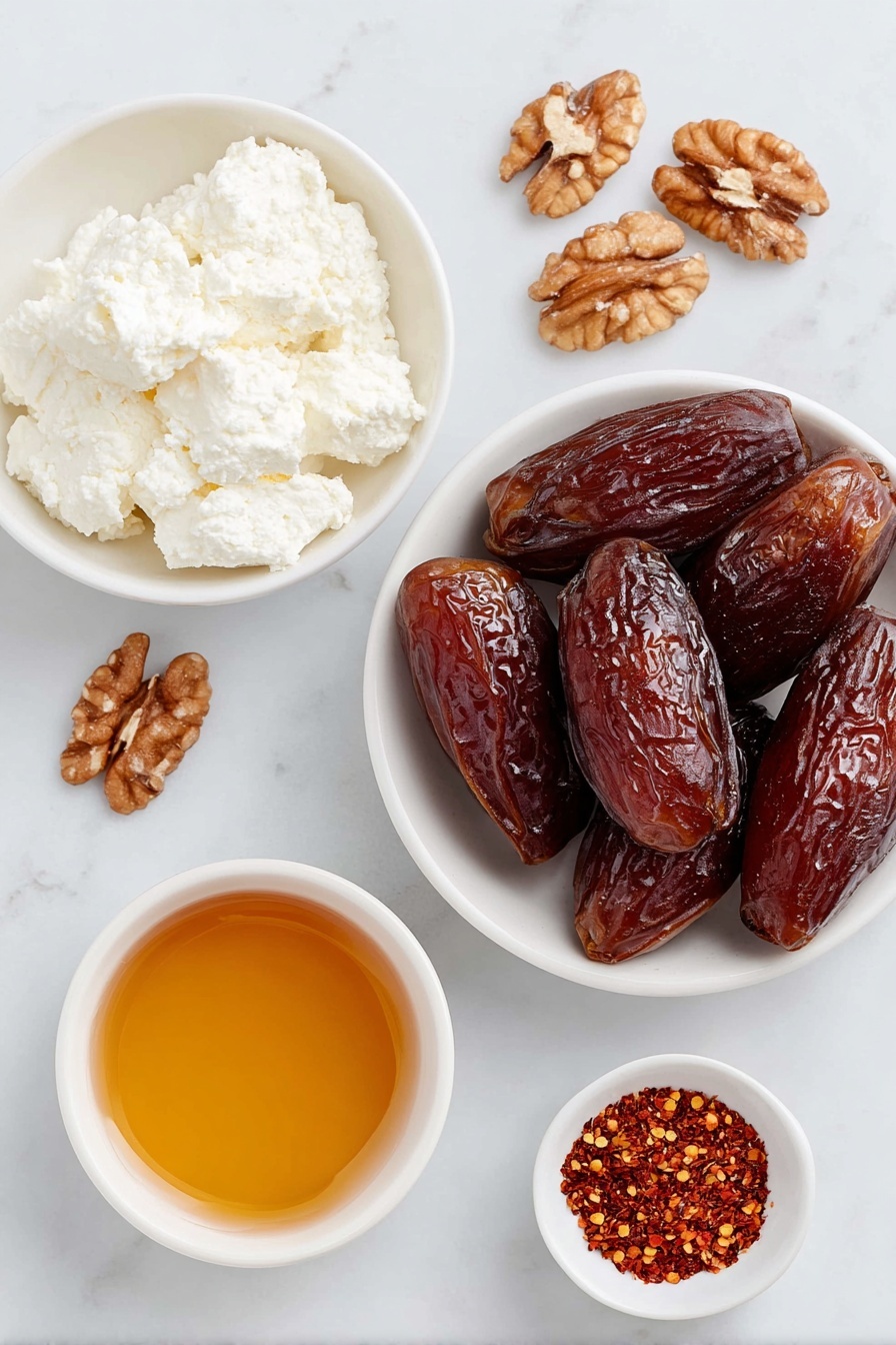 Flat lay of large glossy Medjool dates with smooth brown skins, a small mound of creamy soft white goat cheese, a scattering of irregular walnut halves with rich brown textures, a small white ceramic bowl filled with golden warm honey, and a tiny white bowl containing vibrant red pepper flakes, all arranged in perfect symmetry on a clean white marble surface, soft natural light, photo taken with an iPhone, professional food photography style, fresh ingredients, white ceramic bowls, no bottles, no duplicates, no utensils, no packaging --ar 2:3 --v 7 --p m7354615311229779997 - Stuffed Dates with Goat Cheese and Walnuts, stuffed date appetizer, goat cheese stuffed dates, walnut stuffed dates, elegant date appetizer