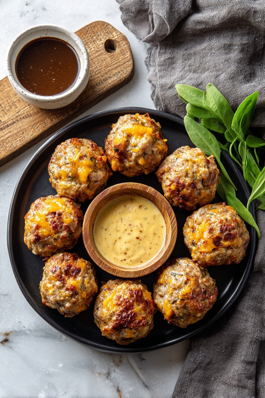 A black round plate sits on a white marbled surface, holding ten baked meatballs that are golden brown with bits of orange cheese visible in each one. In the center of the plate is a small wooden bowl filled with creamy, light yellow dipping sauce that has a speckled texture. To the upper left of the plate, there is another small white bowl filled with thick dark brown sauce, resting on a wooden board and grey cloth. Fresh green herbs are placed to the upper right side of the plate. The scene is well-lit, showing the textures and colors clearly, photo taken with an iphone --ar 2:3 --v 7 - Baked Sausage Cheese Balls, Sausage Cheese Balls Recipe, Easy Savory Snacks, Party Appetizer Recipes, Cheesy Meatball Bites