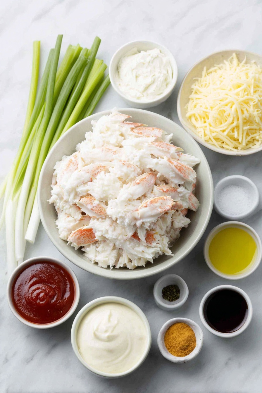 Flat lay of fresh lump blue crab meat in a simple white ceramic bowl, a small white bowl of smooth cream cheese, a small white bowl filled with grated sharp cheddar cheese, a small white bowl of thick sour cream, thinly sliced green and white scallions arranged neatly on the side, a small white bowl of creamy mayonnaise, a small white bowl containing bright red hot sauce, a small white bowl with smooth Dijon mustard, a small white bowl with fresh lemon juice, a small white bowl with coarse Old Bay seasoning, a small white bowl with dark Worcestershire sauce, a small white bowl of pale garlic powder, a small white bowl of vivid red cayenne pepper, all placed symmetrically on a clean white marble surface, soft natural light, photo taken with an iPhone, professional food photography style, fresh ingredients, white ceramic bowls, no bottles, no duplicates, no utensils, no packaging --ar 2:3 --v 7 --p m7354615311229779997 - Spicy Maryland Crab Dip, Maryland Crab Dip, Chesapeake Bay Crab Dip, Spicy Crab Dip, Crab Dip Appetizer