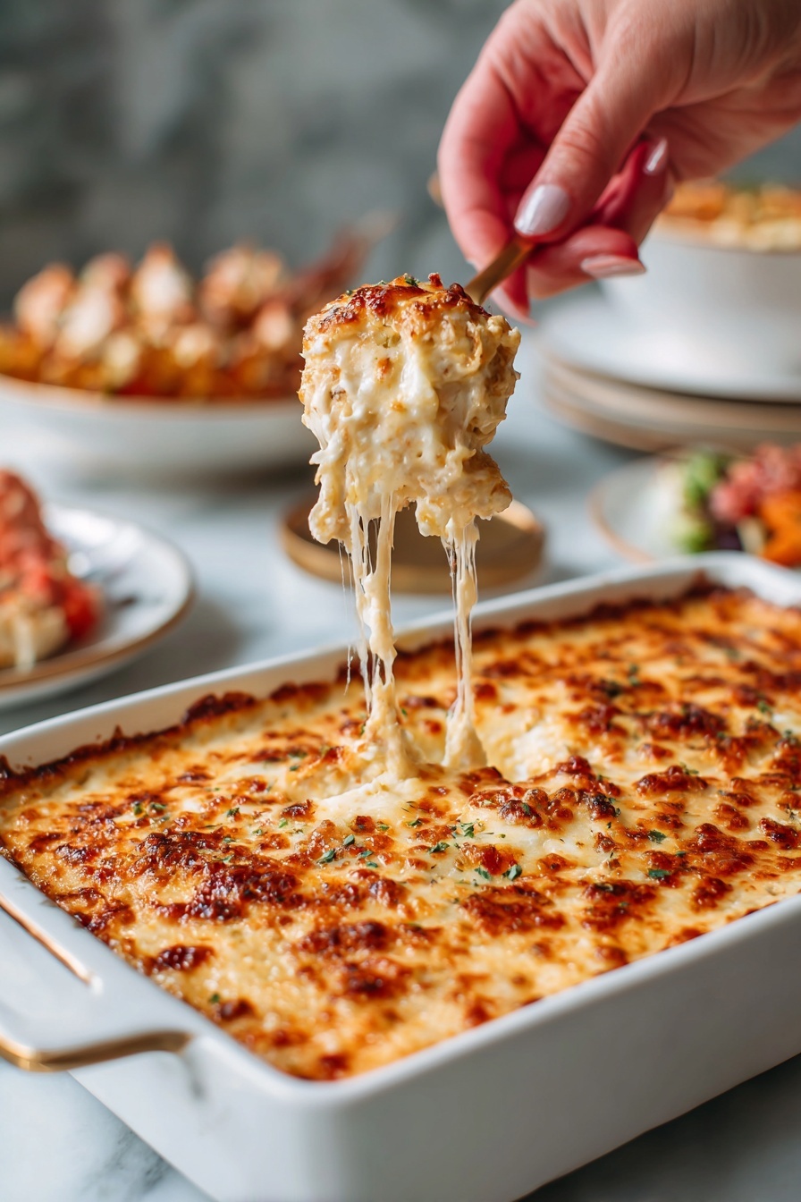 A woman’s hand holds a scoop of cheesy baked dish above a white rectangular baking dish filled with a golden brown, bubbly cheese layer on top. The cheese is melted and slightly browned, showing a stretchy texture as it pulls away from the dish. The background shows part of a white marbled surface and blurred plates with food on them. The overall look is warm, rich, and inviting. photo taken with an iphone --ar 2:3 --v 7 - Spicy Maryland Crab Dip, Maryland Crab Dip, Chesapeake Bay Crab Dip, Spicy Crab Dip, Crab Dip Appetizer