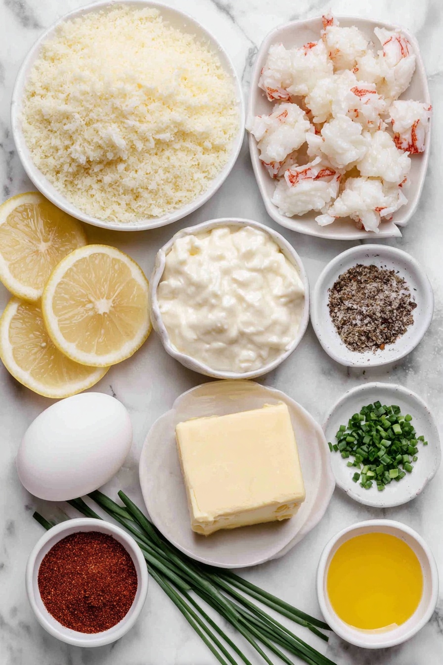 Flat lay of a small mound of golden panko bread crumbs, a small pile of finely grated parmesan cheese, a few chunks of bright white lump crab meat, a wedge of creamy white cream cheese, one whole large egg with a clean shell, a small white bowl filled with pale cream-colored mayonnaise, a small white bowl holding thick white sour cream, a small white bowl with melted golden butter, a few thin lemon wedges with bright yellow rind and juicy interiors, a small heap of finely chopped fresh green chives, a small white bowl containing bright yellow lemon juice, a small white bowl of smoky red paprika powder, a small white bowl of pale beige garlic powder, a small white bowl of reddish-brown old bay seasoning, and scattered coarse white salt crystals and mixed black and white peppercorns – all arranged in perfect symmetry on a simple white ceramic plates and bowls, placed on a clean white marble surface, soft natural light, photo taken with an iPhone, professional food photography style, fresh ingredients, white ceramic bowls, no bottles, no duplicates, no utensils, no packaging --ar 2:3 --v 7 --p m7354615311229779997 - Easy Crab Cake Bites, Crab Cake Bites appetizer, Finger Food Crab Bites, Crab Bites for parties, Simple Crab Cake Snack