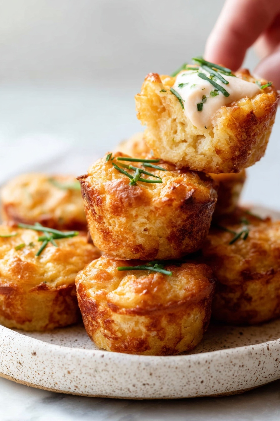 A stack of small, golden-brown muffins with a slightly crispy top sits on a white speckled plate, placed on a white marbled surface. The muffins have a textured, crumbly look, and each one is garnished with a few pieces of chopped green herbs on top. One muffin is held by a woman's hand above the stack, showing the soft and moist inside with a dollop of creamy white sauce sprinkled with green herbs on it. The background is softly lit, focusing attention on the warm tones and textures of the muffins. photo taken with an iphone --ar 2:3 --v 7 - Easy Crab Cake Bites, Crab Cake Bites appetizer, Finger Food Crab Bites, Crab Bites for parties, Simple Crab Cake Snack