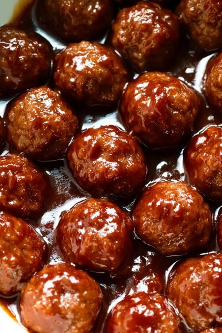 The image shows many round meatballs, each covered in shiny dark brown sauce, sitting close together in the sauce that pools beneath them. The meatballs have a slightly coarse texture with small bumps and an evenly browned surface. The sauce looks thick and glossy, giving the meatballs a wet and rich look. The background is a white marbled texture. photo taken with an iphone --ar 2:3 --v 7 - Easy Crockpot BBQ Meatballs, crockpot meatball recipes, effortless party appetizers, slow cooker meatballs, quick weeknight dinners