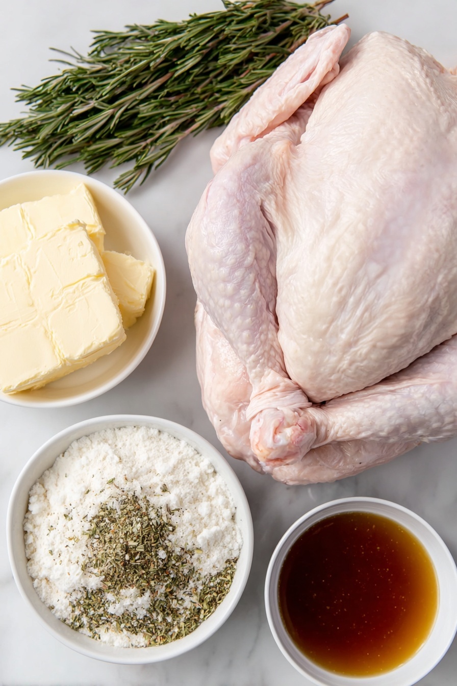 Flat lay of a whole fresh raw turkey with pale pink skin, a small white ceramic bowl of softened golden butter, a small white ceramic bowl containing a mixture of coarse seasoned salt with visible herbs and spices, a small white ceramic bowl filled with golden pan drippings, a small white ceramic bowl of fine white all-purpose flour, a small white ceramic bowl filled with rich amber turkey broth, all neatly arranged in perfect symmetry placed on a clean white marble surface, soft natural light, photo taken with an iPhone, professional food photography style, fresh ingredients, white ceramic bowls, no bottles, no duplicates, no utensils, no packaging --ar 2:3 --v 7 --p m7354615311229779997 - Oven Roasted Turkey with Gravy, Thanksgiving turkey, Juicy roasted turkey, Easy turkey recipe, Holiday turkey with gravy