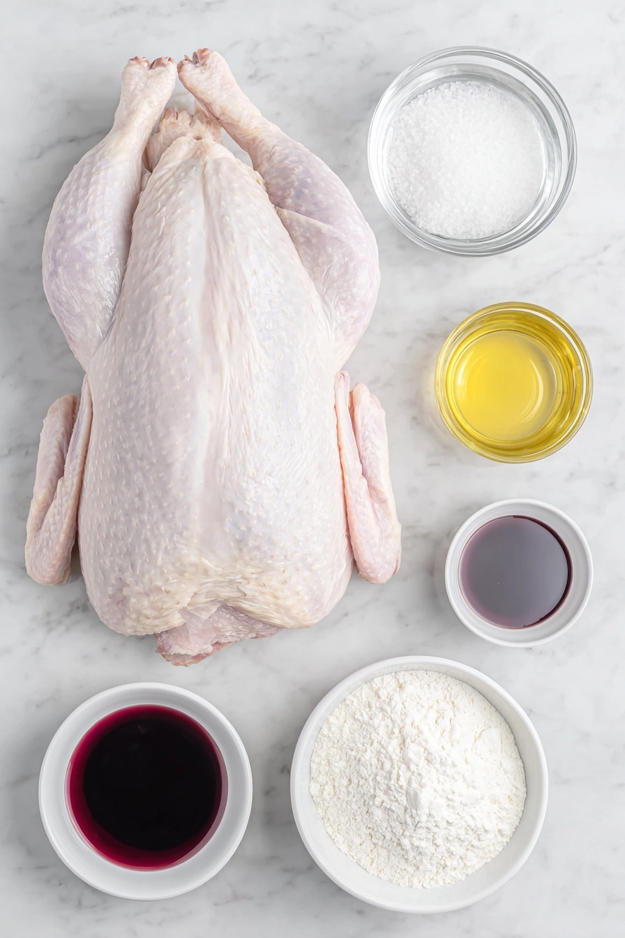 Flat lay of a whole raw goose with fresh natural skin, a small white ceramic bowl of coarse kosher salt, a small white ceramic bowl with golden cooking oil, a small white ceramic bowl filled with clear water, a small white ceramic bowl holding deep red dry red wine, and a small white ceramic bowl containing white cornstarch powder beside a small white ceramic bowl of clear water for mixing, all arranged in perfect symmetry placed on a clean white marble surface, soft natural light, photo taken with an iPhone, professional food photography style, fresh ingredients, white ceramic bowls, no bottles, no duplicates, no utensils, no packaging --ar 2:3 --v 7 --p m7354615311229779997 - Roast Christmas Goose with Crispy Skin, Christmas Goose recipe, holiday roast goose, crispy-skinned goose, festive holiday dinner ideas