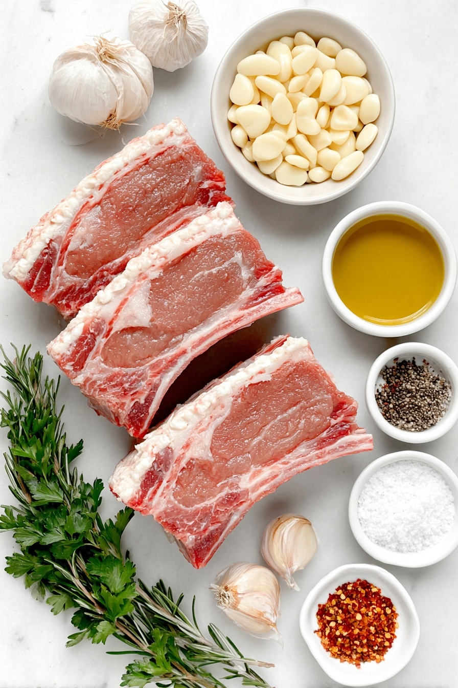 Flat lay of two fresh raw lamb racks with a layer of creamy white fat on top, ten whole unpeeled garlic cloves scattered naturally, a small bunch of vibrant green fresh parsley sprigs, a small white bowl filled with rich golden extra virgin olive oil, a small white bowl containing coarse dry rosemary needles, a small white bowl with bright red crushed red pepper flakes, a small white bowl of coarse kosher salt crystals, and a small white bowl of freshly ground black pepper placed symmetrically around the lamb racks, all arranged on a clean white marble surface, soft natural light, photo taken with an iPhone, professional food photography style, fresh ingredients, white ceramic bowls, no bottles, no duplicates, no utensils, no packaging --ar 2:3 --v 7 --p m7354615311229779997 - Garlic Herb Roast Rack of Lamb, Roast Rack of Lamb recipe, Garlic herb lamb marinade, Elegant lamb dinner, Easy rack of lamb recipe