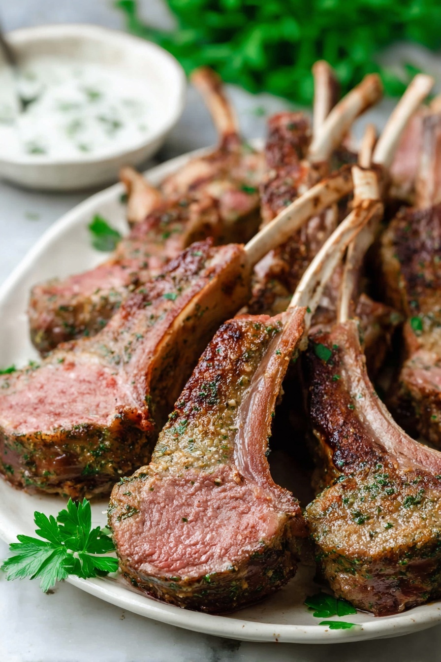 The image shows several cooked lamb chops arranged closely together on a white marbled surface. Each lamb chop is sliced and reveals a pinkish-red inside with a brown crust on the outside, showing a textured, grilled surface. Some pieces have small bones sticking out visible in the center. Fresh green parsley leaves are scattered around adding a touch of vibrant green. The meat looks juicy and well-seasoned with visible herbs on the brown outer layer. photo taken with an iphone --ar 2:3 --v 7 - Garlic Herb Roast Rack of Lamb, Roast Rack of Lamb recipe, Garlic herb lamb marinade, Elegant lamb dinner, Easy rack of lamb recipe