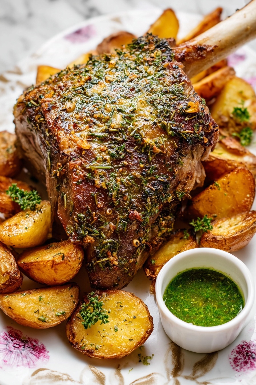 A large cooked meat piece with a white bone sticking out is in the center, covered in herbs and spices making its surface look textured and brown with green specks. Around it are two layers of roasted potato halves, golden brown with some darker grilled marks and crispy edges. Scattered small parsley leaves add green color on top of some potatoes. To the right, a small white cup contains a green sauce with a slick, slightly chunky texture. The whole dish sits on a white plate with a faint floral pattern over a white marbled surface. Photo taken with an iphone --ar 2:3 --v 7 - Roast Lamb with Fresh Mint Sauce, roast lamb recipe, lamb and mint sauce, easy lamb dish, elegant dinner ideas