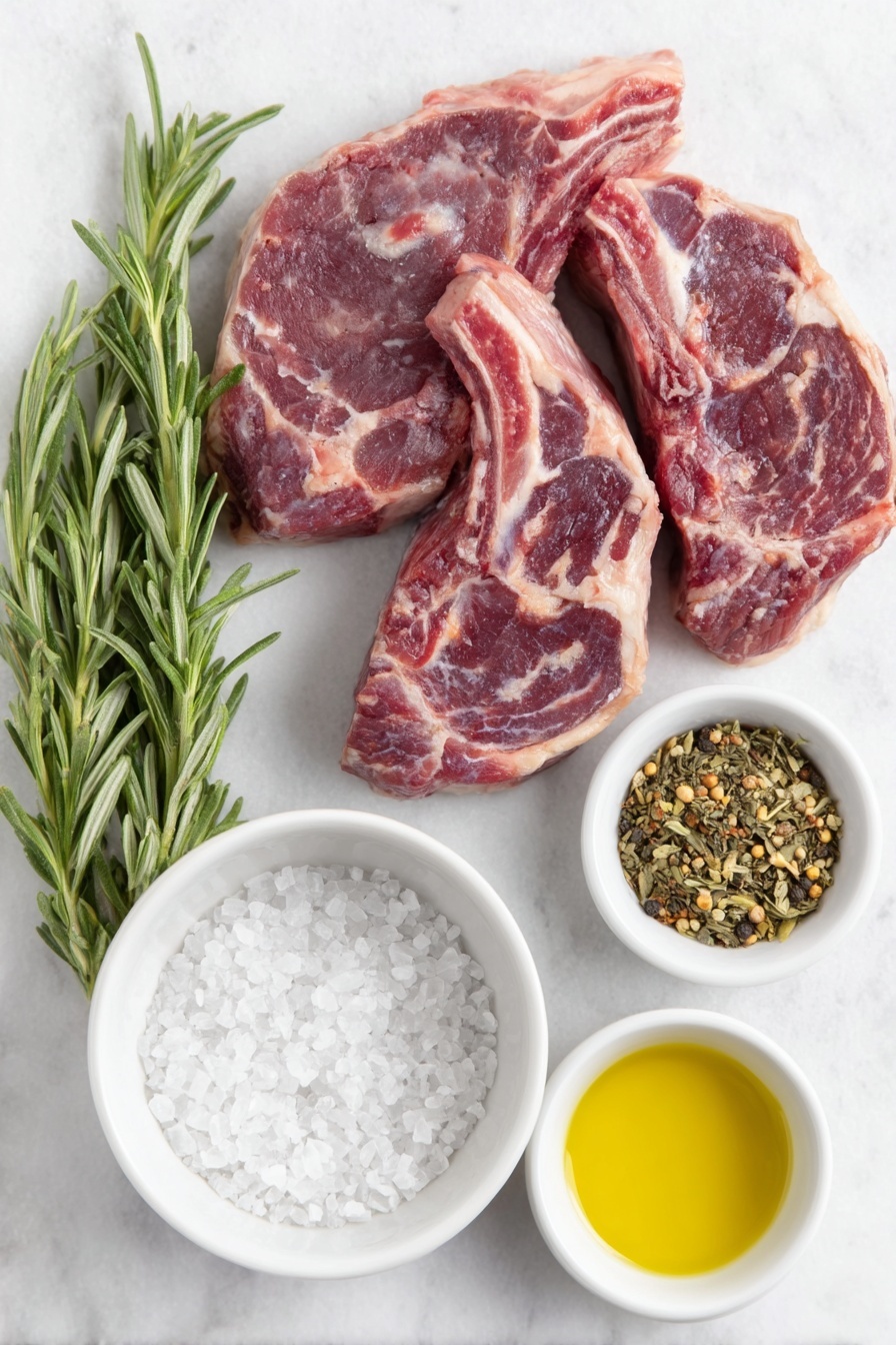 Flat lay of two raw lamb chops with a rich red color and white marbling, a small white ceramic bowl filled with coarse sea salt crystals, a small white ceramic bowl of freshly cracked black peppercorns, a small white ceramic bowl containing golden olive oil, a small bunch of fresh rosemary sprigs with deep green needles, and a small white ceramic bowl holding a blend of mixed dried herbs and spices, all arranged symmetrically on a clean white marble surface, soft natural light, photo taken with an iPhone, professional food photography style, fresh ingredients, white ceramic bowls, no bottles, no duplicates, no utensils, no packaging --ar 2:3 --v 7 --p m7354615311229779997 - Broiled Lamb Chops, Lamb Chops Recipe, Easy Lamb Chops, Fast Lamb Chops, Juicy Lamb Chops