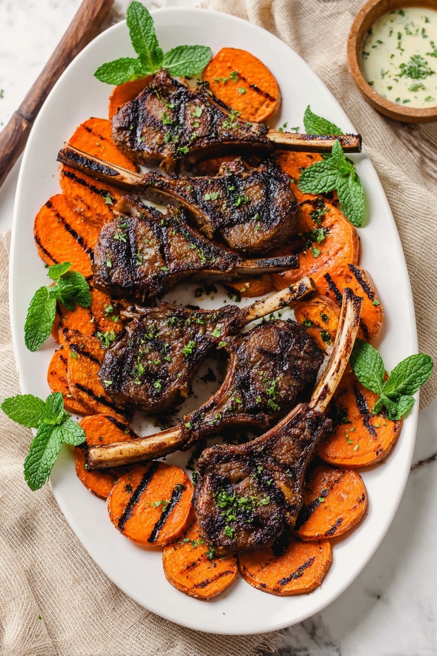 A white oval plate holds six grilled lamb chops, each with a dark brown, slightly charred texture and green herb sprinkles on top. Around and between the lamb chops, there are many slices of grilled orange sweet potato with visible grill marks. Fresh green mint leaves are placed on two sides of the plate for decoration. The plate sits on a white marbled surface with a beige cloth underneath on one side. A small bowl with a light cream sauce garnished with green herbs is partly visible in the background. Photo taken with an iphone --ar 2:3 --v 7 - Broiled Lamb Chops, Lamb Chops Recipe, Easy Lamb Chops, Fast Lamb Chops, Juicy Lamb Chops