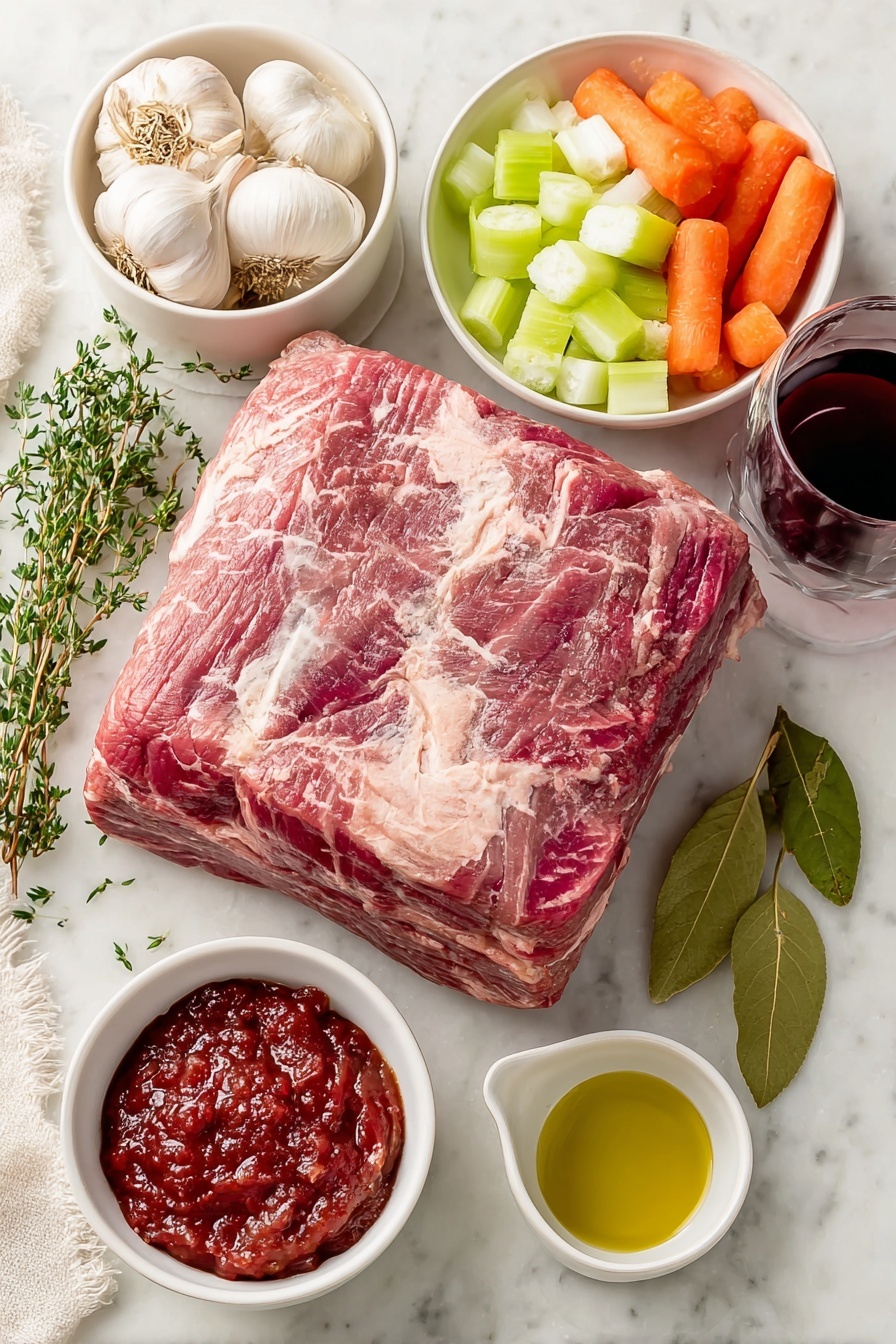 Flat lay of a large whole raw beef brisket with rich marbling, several medium yellow onions sliced into rings, medium whole carrots cut into large dice, celery ribs diced into large chunks, six whole unpeeled garlic cloves, a small white ceramic bowl of deep red dry red wine, a small white bowl filled with crushed whole peeled tomatoes with juices, a small white bowl of smooth red ketchup, fresh green sprigs of thyme, two fresh bay leaves, and a small white bowl of golden vegetable oil, all arranged symmetrically on a clean white marble surface, soft natural light, photo taken with an iPhone, professional food photography style, fresh ingredients, white ceramic bowls, no bottles, no duplicates, no utensils, no packaging --ar 2:3 --v 7 --p m7354615311229779997 - Jewish-Style Braised Brisket, braised brisket recipe, tender brisket, holiday dinner ideas, slow cooker brisket