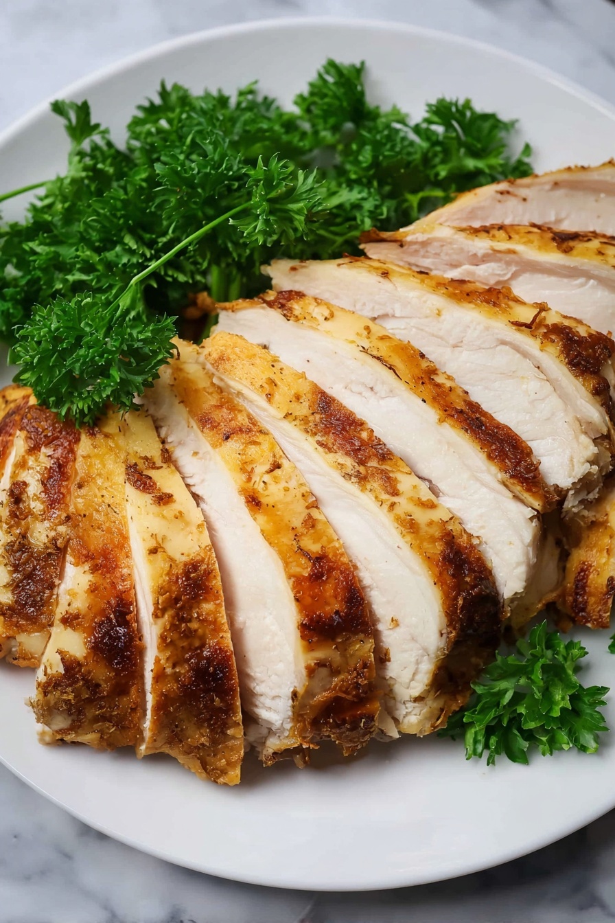 The image shows a white plate with thin slices of cooked chicken arranged in a fan shape, each slice having a crispy golden-brown skin on top and white tender meat below. At the back of the plate, there is a bunch of fresh green parsley placed as garnish, adding a bright color contrast. The plate sits on a white marbled surface. Photo taken with an iphone --ar 2:3 --v 7 - Dutch Oven Turkey Breast Roast, turkey breast roast recipe, easy turkey roast, flavorful turkey dinner, one-pot turkey recipe