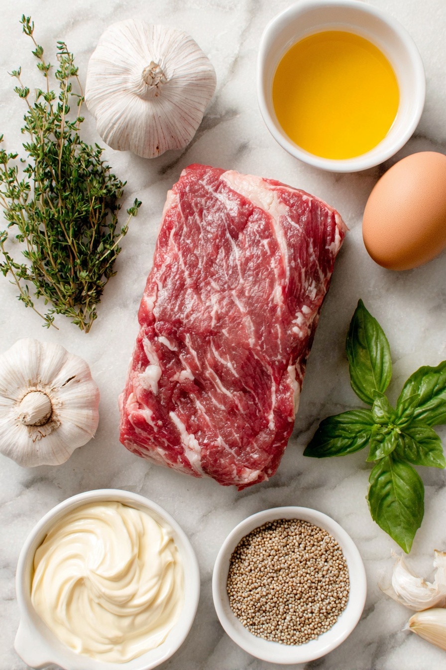 Flat lay of a large raw beef tenderloin roast with natural marbling, a halved head of garlic showing creamy cloves, a small bunch of fresh thyme sprigs, a small pile of fresh flat-leaf parsley leaves, fresh basil leaves arranged neatly, a single uncracked brown egg, a small white ceramic bowl with a smooth dollop of creamy mayonnaise, another small white bowl containing prepared horseradish cream, a small white bowl holding whole grain mustard seeds soaked in mustard sauce, a small white bowl with melted unsalted butter, and a small white bowl of light golden grape seed oil, all placed symmetrically on a clean white marble surface, soft natural light, photo taken with an iPhone, professional food photography style, fresh ingredients, white ceramic bowls, no bottles, no duplicates, no utensils, no packaging --ar 2:3 --v 7 --p m7354615311229779997 - Herb Crusted Beef Tenderloin with Horseradish Sauce, Beef Tenderloin recipe, Elegant beef dinner, Herb crusted beef, Horseradish sauce recipe