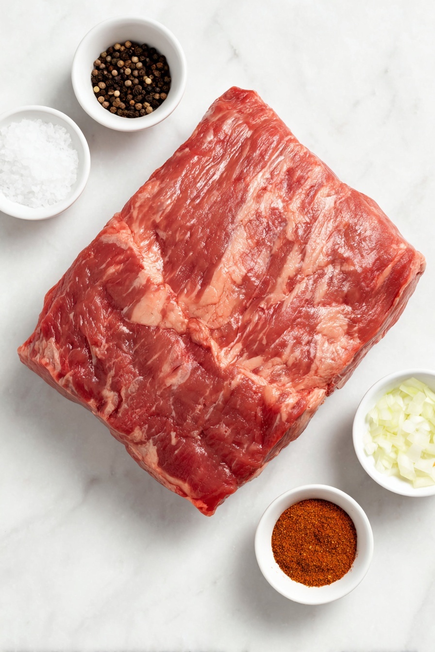 Flat lay of a large whole raw packer brisket with visible marbling and fat cap, a small white ceramic bowl of coarse salt crystals, a small white ceramic bowl of coarse black peppercorns, a small white ceramic bowl of granulated garlic powder, a small white ceramic bowl of granulated onion powder, a small white ceramic bowl of chipotle chili powder with a deep reddish hue, a small white ceramic bowl of ground coriander seeds with a warm brown tone, all arranged symmetrically and balanced, placed on a clean white marble surface, soft natural light, photo taken with an iPhone, professional food photography style, fresh ingredients, white ceramic bowls, no bottles, no duplicates, no utensils, no packaging --ar 2:3 --v 7 --p m7354615311229779997 - Texas Smoked Brisket, smoked brisket recipe, Texas BBQ brisket, smoky beef brisket, how to make smoked brisket