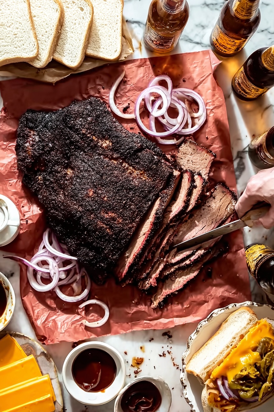 A large piece of smoked meat with a dark, crispy crust is placed on reddish-brown paper over a white marbled surface, showing several thick slices with pinkish interior layers. Thin rings of pale purple onions are scattered on top and to the side. A woman's hand with a knife and fork is slicing the meat. Around the meat are white bread slices stacked on the left and a plate of bright orange cheese slices at the bottom left. Two white bowls with more thin onion rings sit on the right. There is a small bowl of dark red barbecue sauce near the meat, with some sauce spilled on the paper and a white plate holding a sandwich with melted cheese, meat slices, and barbecue sauce to the right. Two bottles of light brown beer are also visible at the top. Photo taken with an iphone --ar 2:3 --v 7 - Texas Smoked Brisket, smoked brisket recipe, Texas BBQ brisket, smoky beef brisket, how to make smoked brisket