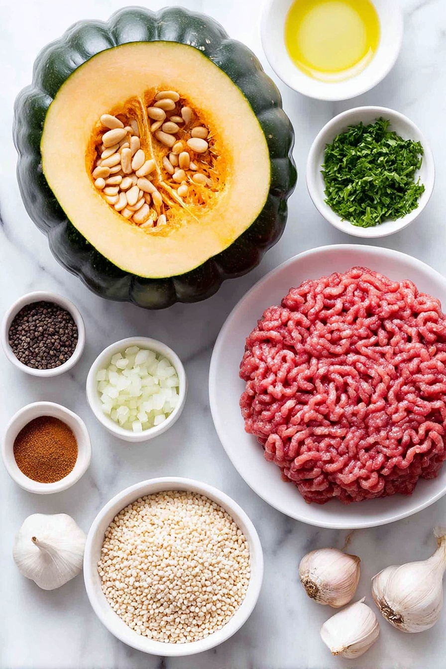 Flat lay of a halved acorn squash with bright orange flesh and deep green ridged skin, a small white bowl of golden raisins, a small white bowl of whole toasted pine nuts, a small white bowl of chopped fresh parsley, a small white bowl of finely chopped onion, four whole uncracked brown garlic cloves, a small white bowl of raw ground beef with visible red and fat marbling, a small white bowl of uncooked bulgur wheat grains, a small white bowl of extra-virgin olive oil with a golden hue, and a collection of whole warm-toned ground spices including cumin seeds, cinnamon sticks, nutmeg nut, paprika powder, black peppercorns, and coarse salt crystals scattered evenly on the white marble surface, placed on a clean white marble surface, soft natural light, photo taken with an iPhone, professional food photography style, fresh ingredients, white ceramic bowls, no bottles, no duplicates, no utensils, no packaging --ar 2:3 --v 7 --p m7354615311229779997 - Moroccan Stuffed Acorn Squash, stuffed acorn squash with spices, healthy stuffed winter squash, easy stuffed acorn squash recipe, flavorful stuffed squash dish