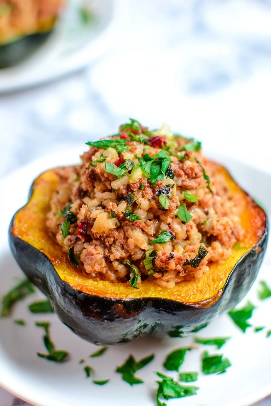The dish is a stuffed acorn squash cut in half with a dark green and orange shell. The inside is filled with a textured mixture of cooked rice, ground meat, and small bits of vegetables, topped with chopped green herbs. The stuffing is heaped slightly above the squash edge, showing a mix of light brown and golden colors with specks of white and red. It is placed on a white plate with some green herb bits scattered around, all set on a white marbled surface. photo taken with an iphone --ar 2:3 --v 7 - Moroccan Stuffed Acorn Squash, stuffed acorn squash with spices, healthy stuffed winter squash, easy stuffed acorn squash recipe, flavorful stuffed squash dish