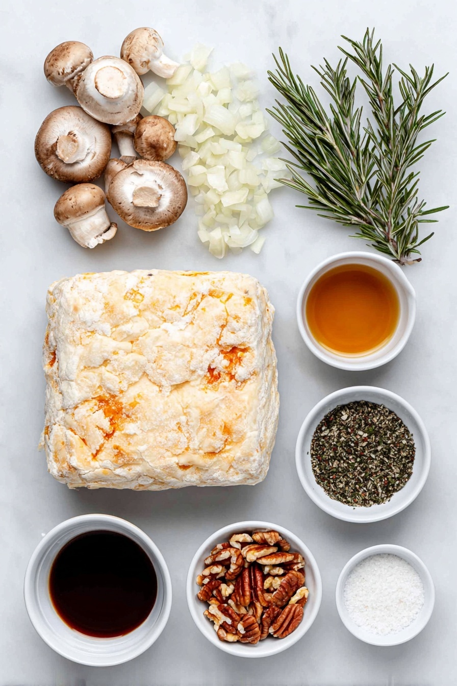 Flat lay of two sheets of cold vegan puff pastry, a variety of fresh mushrooms including cremini, king oyster, shiitake, and portobello, one large diced onion, several fat garlic cloves roughly chopped, a small pile of chopped fresh rosemary, a few sprigs of rosemary, a small white ceramic bowl of olive oil, a small white ceramic bowl with deep amber sherry wine, a small white ceramic bowl with dark balsamic vinegar, a small white ceramic bowl filled with chopped toasted pecans, a small pile of coarse kosher salt, and a small pile of cracked black pepper, placed on a clean white marble surface, soft natural light, photo taken with an iPhone, professional food photography style, fresh ingredients, white ceramic bowls, no bottles, no duplicates, no utensils, no packaging --ar 2:3 --v 7 --p m7354615311229779997 - Vegan Mushroom Wellington Pecan Filling, vegan savory Wellington, plant-based mushroom Wellington, holiday vegan appetizer, vegan puff pastry dish