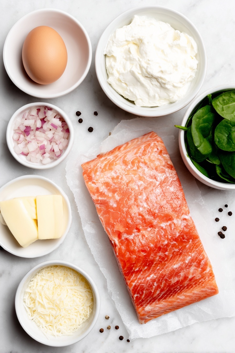 Flat lay of a whole uncracked brown egg, a small white ceramic bowl of unsalted butter, a small white ceramic bowl with diced shallot, two peeled garlic cloves, a bunch of fresh baby spinach leaves, a small white ceramic bowl of cream cheese, a small white ceramic bowl with grated parmesan cheese, a small white ceramic bowl of freshly squeezed lemon juice, a thick raw salmon filet with skin, a square sheet of thawed puff pastry on a simple white ceramic plate, kosher salt and black peppercorns loosely scattered, all arranged in perfect symmetry, placed on a clean white marble surface, soft natural light, photo taken with an iPhone, professional food photography style, fresh ingredients, white ceramic bowls, no bottles, no duplicates, no utensils, no packaging --ar 2:3 --v 7 --p m7354615311229779997 - Creamy Spinach Salmon En Croûte, Salmon En Croûte with Spinach, Puff Pastry Salmon Recipe, Elegant Salmon Dinner, Easy Salmon En Croûte