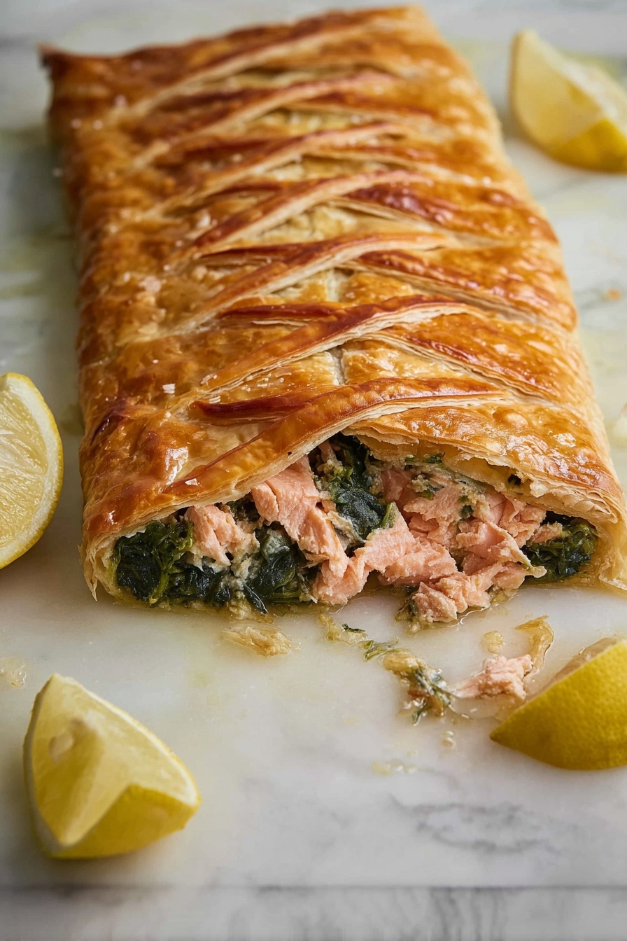 A rectangular pastry has a golden, flaky crust with five slits on top showing the green spinach layer beneath. Inside, there is a thick, pink salmon layer with a soft texture, topped with dark green cooked spinach. The pastry sits on a white marbled surface with two lemon wedges nearby, one whole and one cut in half, adding a pop of bright yellow to the scene. Photo taken with an iphone --ar 2:3 --v 7 - Creamy Spinach Salmon En Croûte, Salmon En Croûte with Spinach, Puff Pastry Salmon Recipe, Elegant Salmon Dinner, Easy Salmon En Croûte
