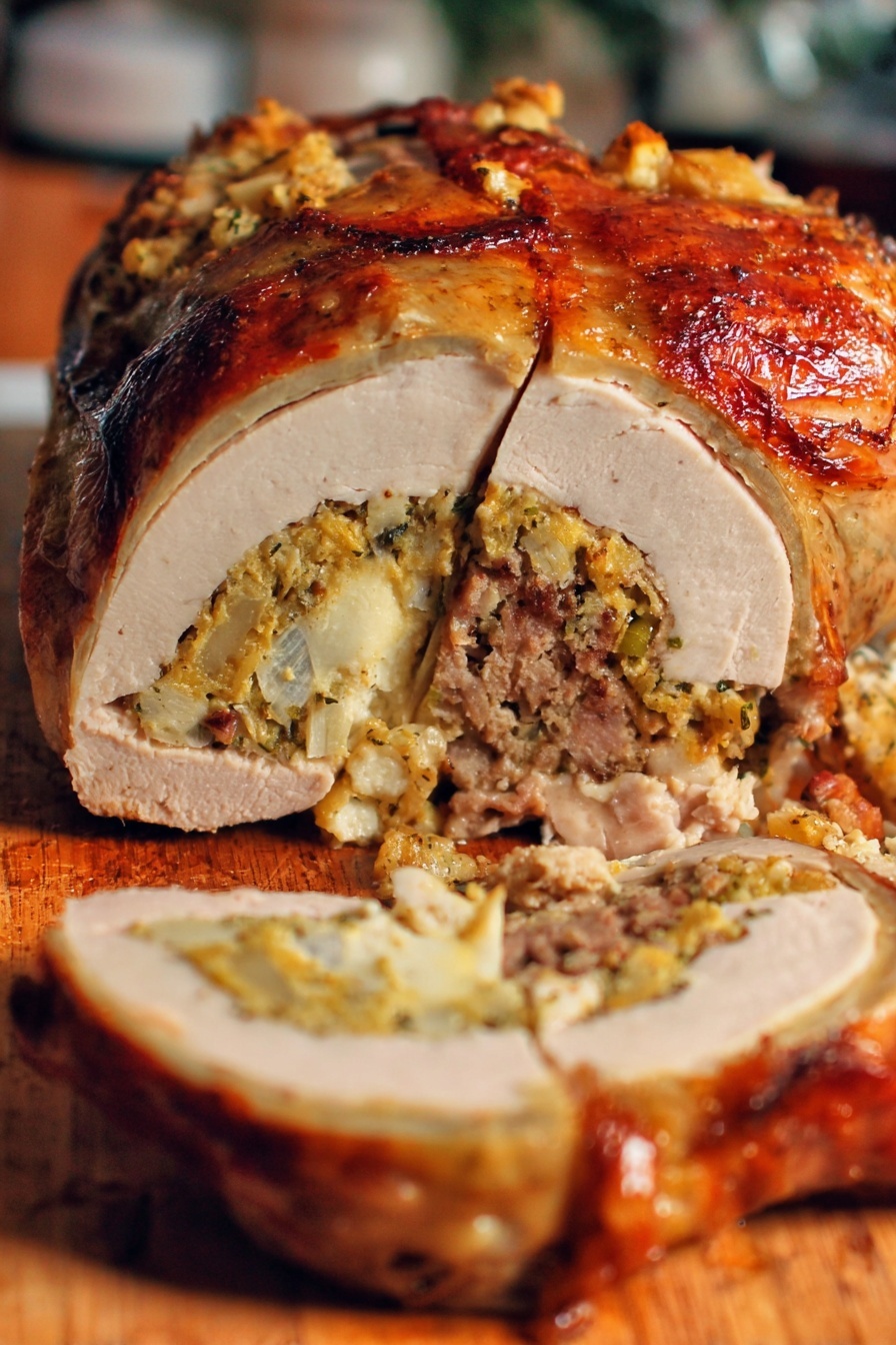 A large roasted turkey is placed on a wooden cutting board on a white marbled countertop. The turkey has a crispy, golden-brown skin with a slight shine. One side of the turkey has been sliced off, revealing the inside with several layers: the top layer is a cut of white turkey meat, below it a stuffing mixture with bits of herbs and bread, and some darker meat underneath. A person's hands are visible, one holding the turkey steady and the other with a knife making the cut. In the background, there is a clear glass mixing bowl, an olive oil bottle, and some kitchen utensils. The whole scene is well lit, showing warm tones of the food clearly. photo taken with an iphone --ar 2:3 --v 7 - Easy Thanksgiving Turducken, Thanksgiving bird centerpiece, how to cook turducken, layered poultry recipe, holiday main dish