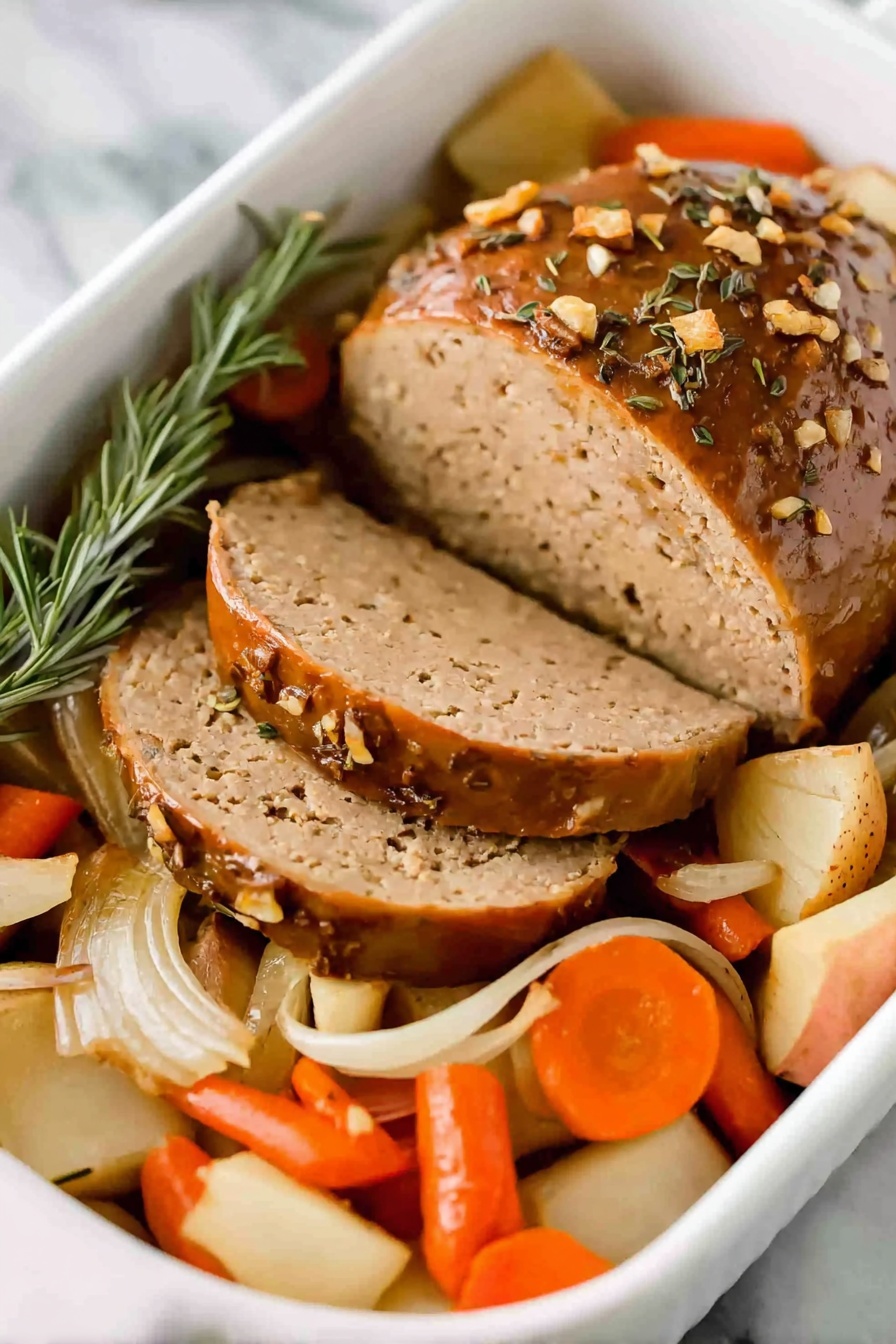 A white baking dish holds one round loaf of golden brown meatloaf, partially sliced into three thick, even pieces showing a smooth, dense inside. The top of the meatloaf is sprinkled with small bits of herbs and tiny onion pieces. Around the meatloaf, there is a mix of cooked vegetables, including orange carrot chunks, pale potato pieces, and translucent onion strips, all resting directly on the vegetables is a sprig of green rosemary. The whole scene is set on a white marbled surface. photo taken with an iphone --ar 2:3 --v 7 - Vegan Tofurky Roast with Roasted Vegetables, plant-based holiday main dish, vegan holiday centerpiece, healthy vegan mains, festive vegan roast platter