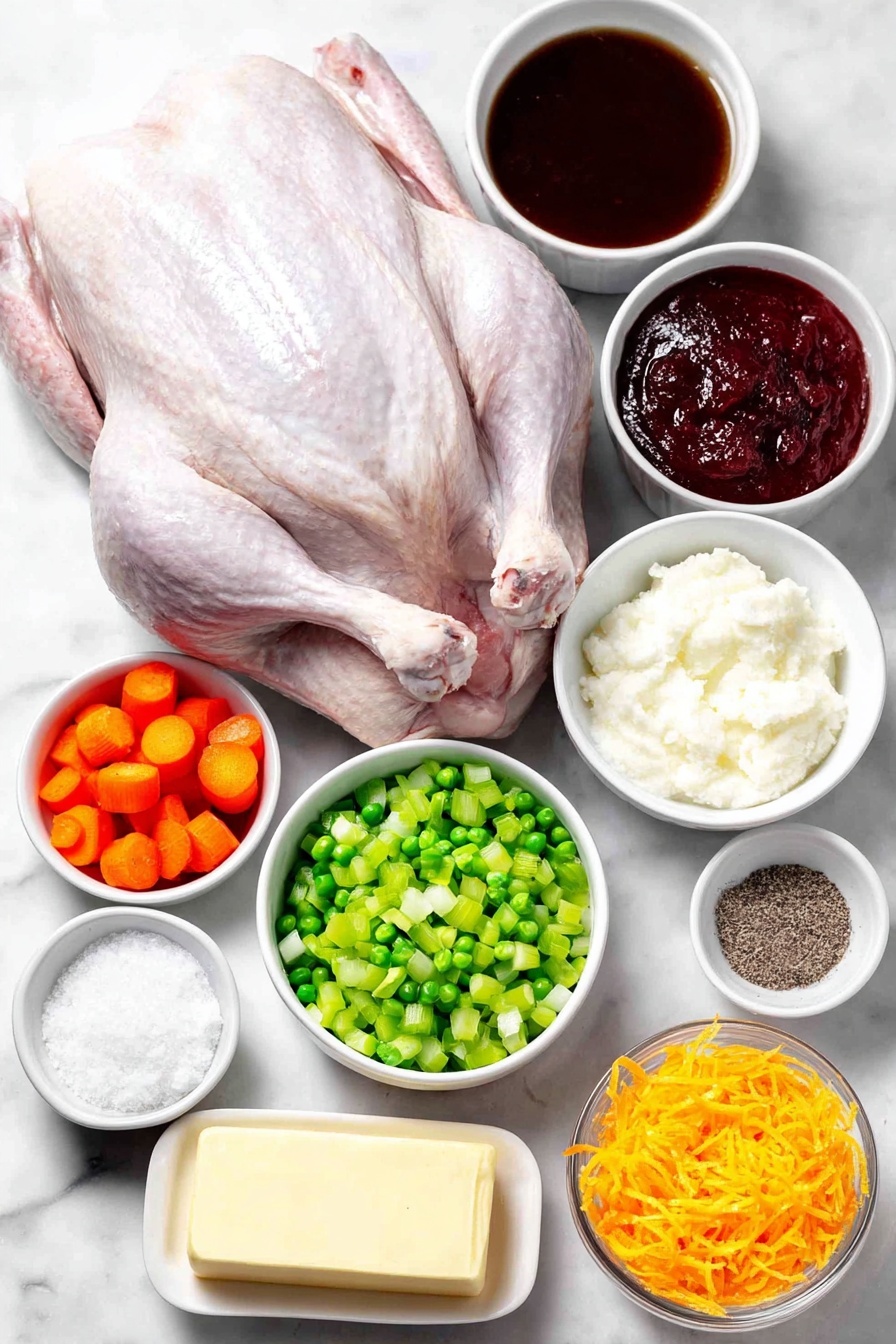 Flat lay of a whole raw duck with glossy skin, a small mound of coarse kosher salt crystals, a single fresh medium carrot diced into small cubes, a medium yellow onion diced, a large celery rib diced into pieces, a small white ceramic bowl filled with rich brown beef or chicken stock, a small white bowl containing thick deep red tomato paste, a small white bowl of granulated white sugar, a small white bowl holding deep red wine vinegar, fine julienne strips of bright orange navel orange zest neatly arranged, a small white bowl with fresh vibrant navel orange juice, a small white bowl with pale yellow fresh lemon juice, a small white bowl of cold unsalted butter, and a few twists of freshly ground black pepper, all ingredients carefully spaced symmetrically on a clean white marble surface, soft natural light, photo taken with an iPhone, professional food photography style, fresh ingredients, white ceramic bowls, no bottles, no duplicates, no utensils, no packaging --ar 2:3 --v 7 --p m7354615311229779997 - Duck à l'Orange with Savory Sauce, duck à l'orange, orange sauce for duck, elegant duck recipes, crispy duck with orange