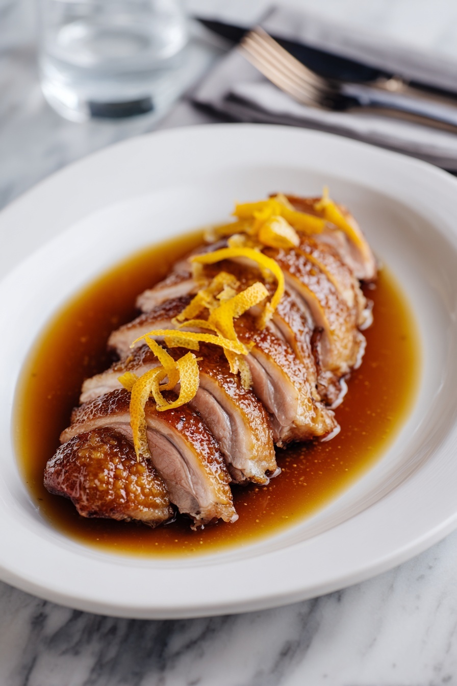 The image shows a white plate with a carved cooked duck leg placed in the center. The duck leg is sliced into six pieces arranged in a row with the single whole part of the leg at the back. The crispy, golden-brown skin of the duck contrasts with the tender, pale meat inside. Thin strips of orange peel are scattered on top of the meat and plate. A shiny brown sauce pools around the duck, covering almost the whole plate. The setting is on a white marbled surface with silver cutlery visible on the right side of the plate. Photo taken with an iphone --ar 2:3 --v 7 - Duck à l'Orange with Savory Sauce, duck à l'orange, orange sauce for duck, elegant duck recipes, crispy duck with orange