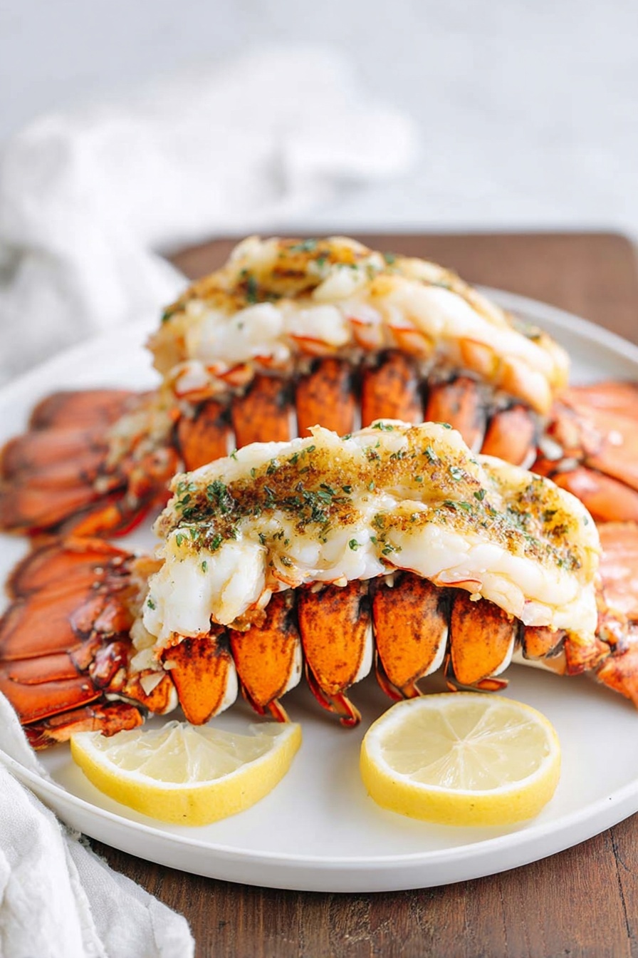 The image shows a close-up view of three cooked lobster tails placed side by side on a metal baking tray. Each lobster tail has a thick white layer of cooked lobster meat on top with a golden and slightly green seasoning, possibly herbs or butter sauce. The shells are an orange-brown color with visible white spots, and the meat looks tender and juicy. The background is a kitchen with white marbled texture on the surface, part of a white apron, and a blurred figure standing in the background. Photo taken with an iphone --ar 2:3 --v 7 - Broiled Lobster Tails with Herb Garlic Butter, Lobster tail recipes, seafood main dishes, easy lobster recipes, fancy seafood dinner ideas