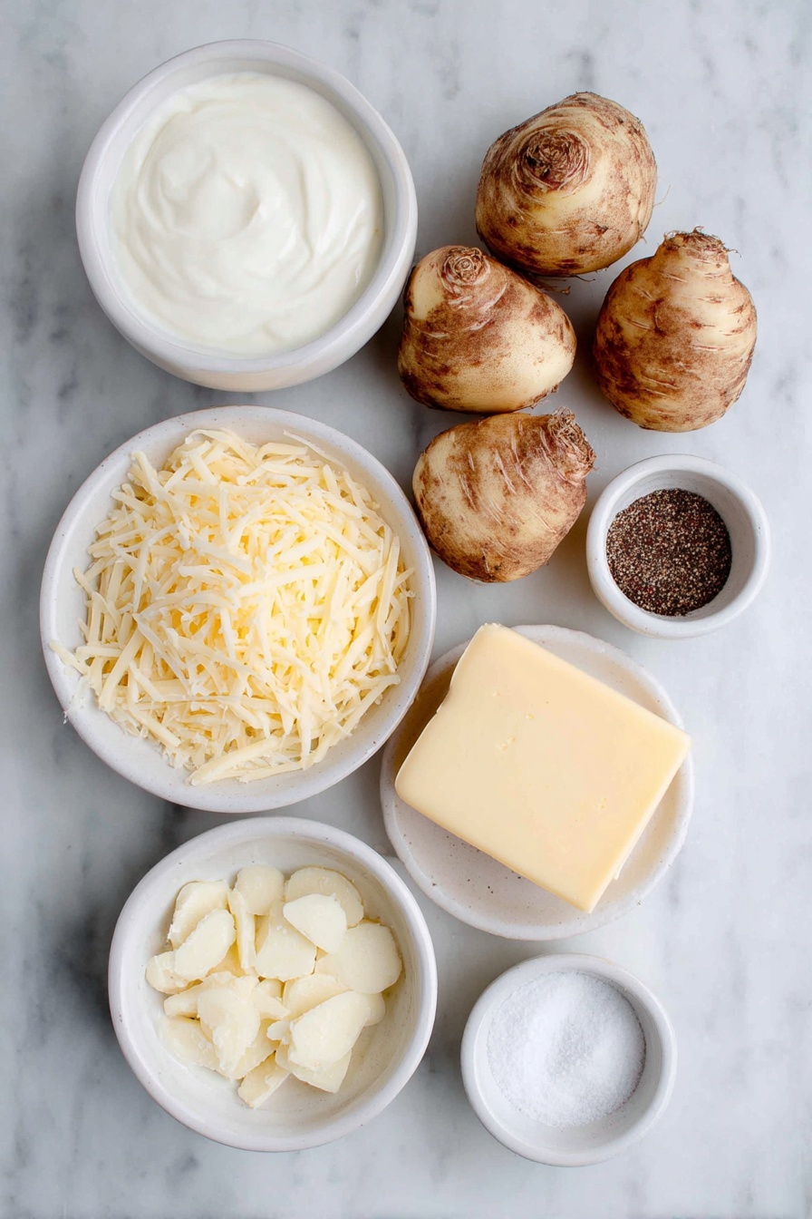 Flat lay of fresh small turnips whole and sliced thin, a half stick of soft butter, two uncracked brown garlic cloves, a small white ceramic bowl with heavy whipping cream, a small white bowl with grated Parmesan cheese, a small white bowl with grated sharp Cheddar cheese, a small white bowl of fine white salt, a small white bowl of cracked black pepper, and a small white bowl with fine white glucomannan powder, all arranged in perfect symmetry on a clean white ceramic surface, placed on a clean white marble surface, soft natural light, photo taken with an iPhone, professional food photography style, fresh ingredients, white ceramic bowls, no bottles, no duplicates, no utensils, no packaging --ar 2:3 --v 7 --p m7354615311229779997 - Cheesy Turnip Au Gratin, turnip au gratin side dish, low-carb cheesy turnip bake, creamy turnip casserole, easy cheesy turnip recipe