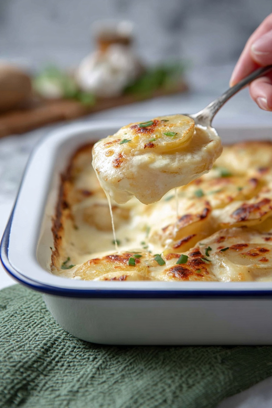A close-up view of a layered potato dish in a white baking dish with blue trim, showing several soft, round slices of potato stacked with creamy white sauce and melted cheese with a light golden brown top layer and small bits of green herbs sprinkled on top. A woman's hand holds a spoonful of the potatoes above the dish, highlighting the smooth, creamy texture and slight browning. The background shows a white marbled surface with some blurred kitchen items, and a green textured cloth is visible under the dish. photo taken with an iphone --ar 2:3 --v 7 - Cheesy Turnip Au Gratin, turnip au gratin side dish, low-carb cheesy turnip bake, creamy turnip casserole, easy cheesy turnip recipe