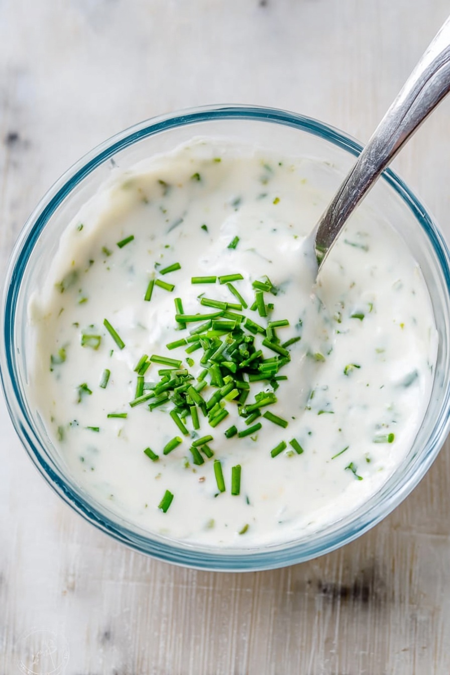 A clear glass bowl holds a creamy white sauce mixed with small green chive pieces, giving the sauce a slightly speckled look. Inside the bowl, a silver spoon is resting on the right side, partly dipped into the sauce. The sauce has a smooth texture with some green chives spread on top. The bowl is placed on a white marbled surface. photo taken with an iphone --ar 2:3 --v 7 - Creamy Horseradish Sauce for Steak, horseradish steak sauce, easy steak sauce recipe, homemade steak condiment, zesty horseradish dip
