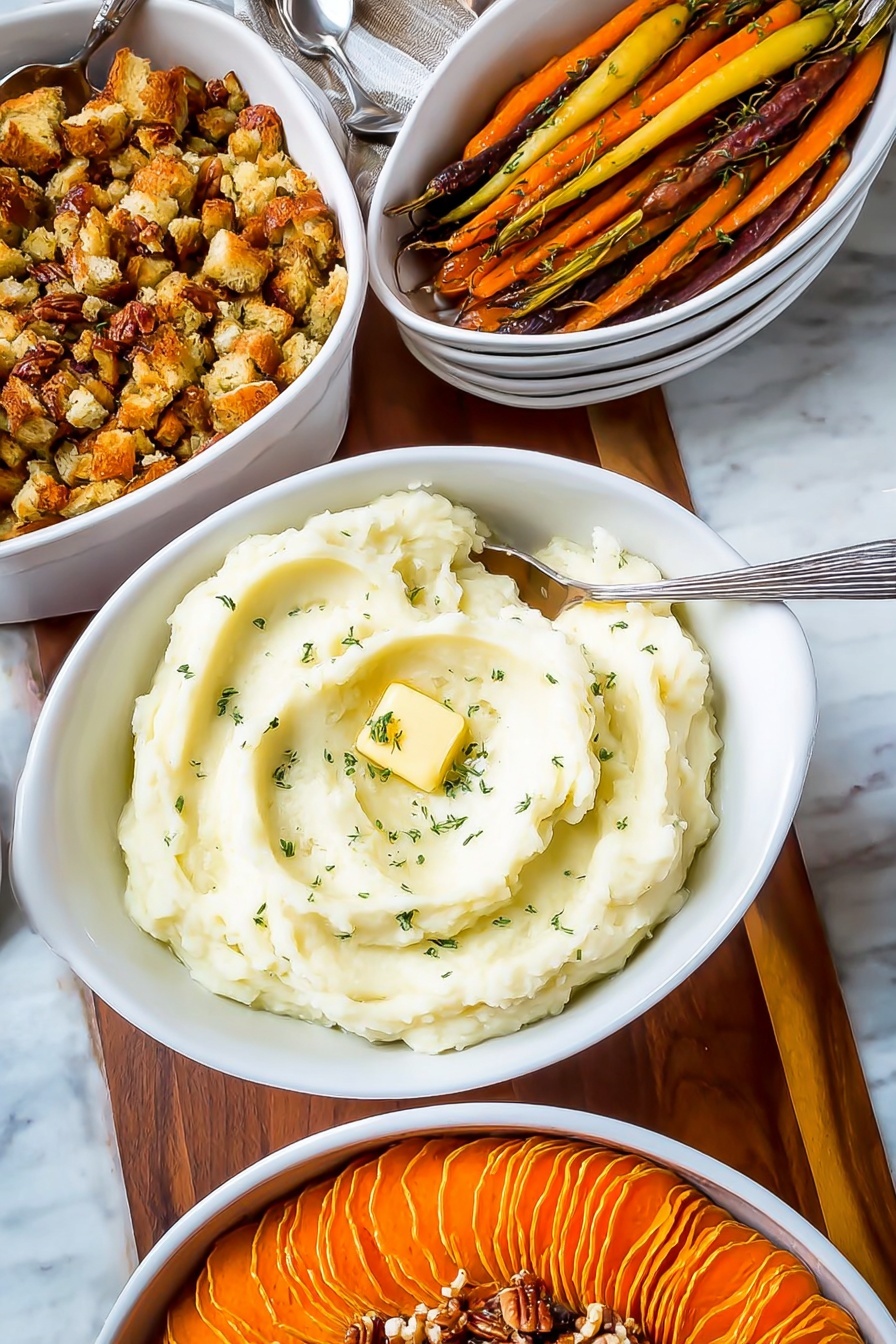 The image shows three white dishes arranged on a wooden table with a white marbled background. The center dish contains creamy mashed potatoes with soft swirls, topped with a small square of melting butter and sprinkled with small green herbs. To the back right, a white bowl holds roasted carrots that are long and multicolored—orange, yellow, and deep purple—showing a slightly crispy texture on their skin. To the left, there is a white bowl filled with golden brown stuffing made of small bread pieces and diced vegetables, with a silver spoon resting inside. In the bottom part of the image, a round dish has a neatly layered sweet potato casserole with thin, overlapping orange slices arranged in concentric circles, topped with nut pieces and a silver spoon. The overall look is warm and hearty. Photo taken with an iphone --ar 2:3 --v 7 - Creamy Mashed Potatoes, perfect mashed potatoes, buttery mashed potatoes, fluffy potato side dish, easy mashed potatoes
