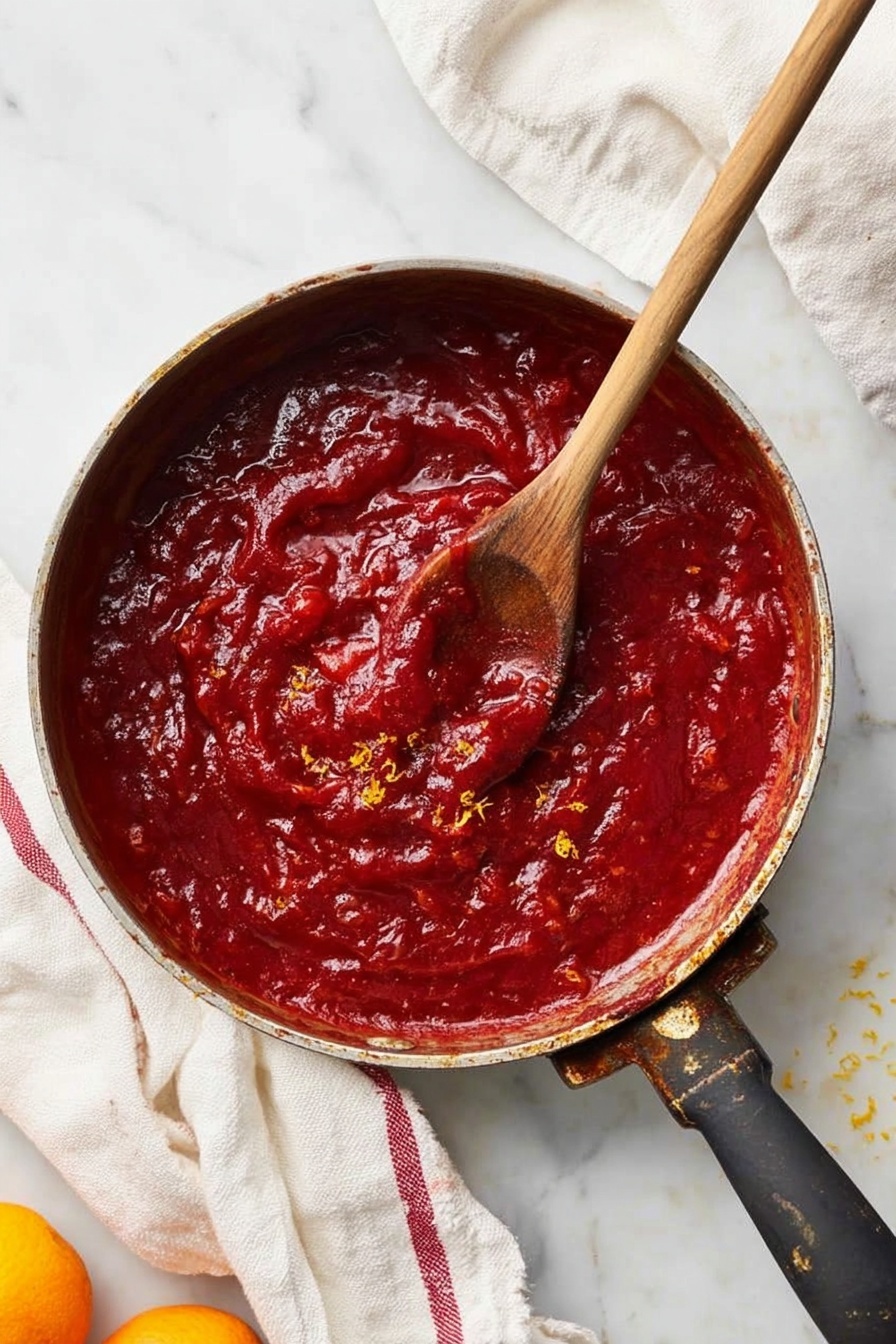 A round pan filled with a thick, deep red sauce that looks chunky and glossy, with bits of orange zest scattered through it. A wooden spoon is lying inside the sauce, partially covered by it. The pan's handle is black and worn, showing signs of use. The pan rests on a white marbled surface with a white cloth that has red stripes underneath it. A macaroni grater with a wooden handle and part of an orange are visible near the pan. Photo taken with an iphone --ar 2:3 --v 7 - Homemade Cranberry Orange Sauce, easy holiday cranberry sauce, fresh cranberry sauce recipe, festive orange cranberry sauce, quick homemade cranberry sauce