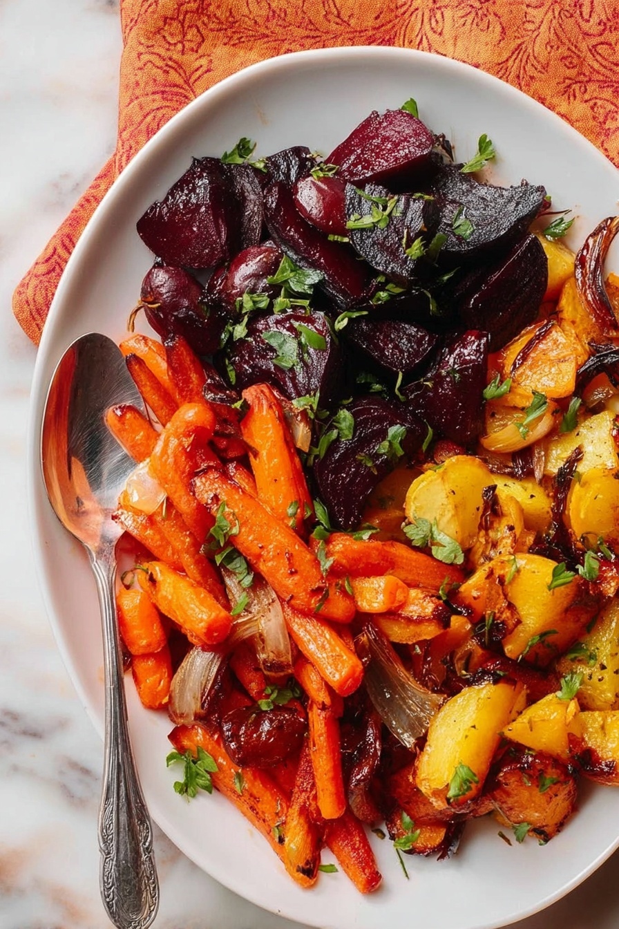 The dish shows a white plate filled with a colorful mix of roasted vegetables. The top left section has dark purple, glossy roasted beets with green herbs sprinkled on them. In the bottom section, there are bright orange roasted carrots, some cut into chunks, surrounded by bits of green herbs and small pieces of roasted onion. The right side has yellow and orange roasted sweet potatoes with some pieces slightly charred, topped with green herbs. A silver spoon rests on the left side of the plate, which lies on a white marbled surface with a small patterned orange cloth peeking at the edge. photo taken with an iphone --ar 2:3 --v 7 - Miso Glazed Roasted Root Vegetables, roasted root vegetables with miso, healthy vegetable side dish, seasonal roasted vegetables, easy veggie recipes