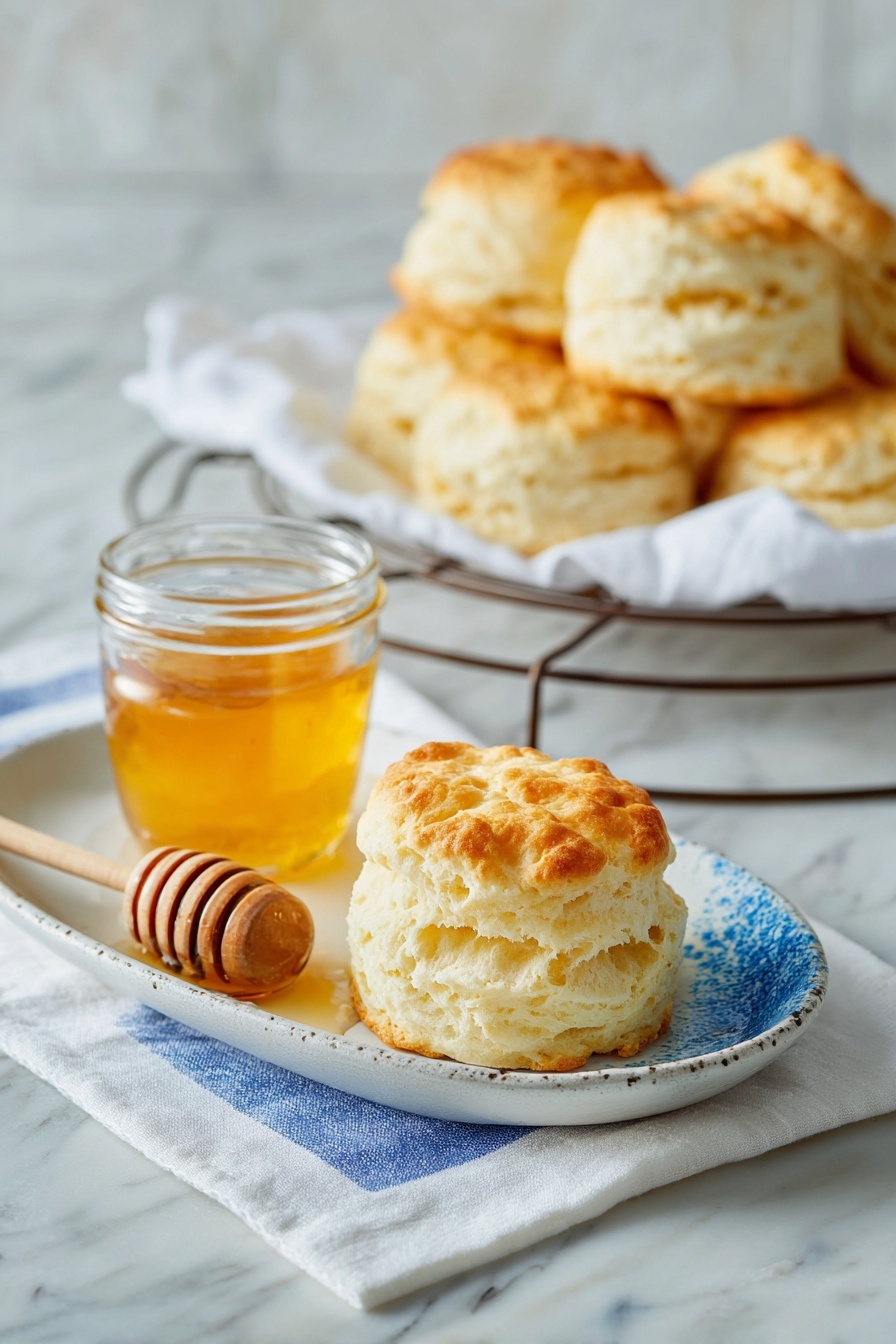 The image shows a round black cast iron pan filled with nine golden-brown biscuits with a light fluffy texture, arranged close together. Below the pan, on a white plate, there are five flaky biscuits with a slightly browned top layer stacked loosely. To the right, a white bowl contains dark red jam with a glossy texture. Further right, two biscuit halves sit on a wooden board, each topped with a dollop of the same jam. Below the plate, a small dish holds pale yellow butter, with a metal butter knife resting beside it. The whole scene is set on a white marbled surface, with a white towel featuring blue stripes partially visible under the pan. photo taken with an iphone --ar 2:3 --v 7 - Fluffy Angel Biscuits with Buttermilk, soft biscuits with buttermilk, homemade angel biscuits, easy buttermilk biscuit recipe, flaky fluffy breakfast biscuits