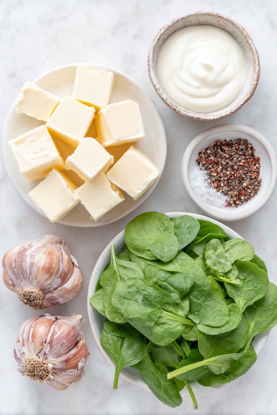 Flat lay of unsalted butter in a small white ceramic bowl, four whole uncracked brown garlic cloves, a pile of fresh vibrant baby spinach leaves, cream cheese cut into small cubes arranged neatly on a white ceramic plate, a small white bowl filled with heavy cream, a white ceramic dish with a rustic mix of dried Italian seasoning, a small white bowl containing coarse sea salt, and another small white bowl with freshly ground black pepper, all placed on a clean white marble surface, soft natural light, photo taken with an iPhone, professional food photography style, fresh ingredients, white ceramic bowls, no bottles, no duplicates, no utensils, no packaging --ar 2:3 --v 7 --p m7354615311229779997 - Creamed Spinach, Easy Creamed Spinach, Quick spinach side dish, Creamy spinach recipe, Healthy spinach side