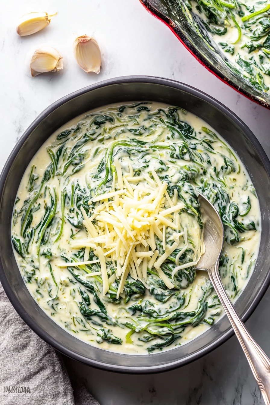 A dark gray bowl filled with creamy white spinach mixed in a smooth sauce, evenly spread to the edges, topped with a small pile of thin, light yellow shredded cheese in the center; a silver spoon rests on the right side inside the bowl. In the top right corner, part of a dark gray pan with a red edge holds more of the creamy spinach mixture. Three garlic cloves lie on the white marbled surface near the bowl, and a folded light gray cloth is at the bottom left corner. The lighting is bright and natural, highlighting the creamy texture and green spinach leaves. Photo taken with an iphone --ar 2:3 --v 7 - Creamed Spinach, Easy Creamed Spinach, Quick spinach side dish, Creamy spinach recipe, Healthy spinach side