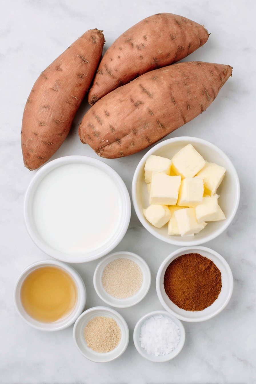 Flat lay of three whole fresh sweet potatoes with smooth orange skin, a small white ceramic bowl filled with creamy full-fat coconut milk, a petite white bowl holding golden maple syrup, a tiny white bowl of clear vanilla extract, a small white bowl with warm brown cinnamon powder, a small white bowl with bright yellow butter cubes, a tiny white bowl of pale beige ground ginger, a miniature white bowl containing fine allspice powder, and a tiny white bowl with white salt crystals, all arranged in perfect symmetry on a clean white marble surface, soft natural light, photo taken with an iPhone, professional food photography style, fresh ingredients, white ceramic bowls, no bottles, no duplicates, no utensils, no packaging --ar 2:3 --v 7 --p m7354615311229779997 - Brown Butter Mashed Sweet Potatoes, mashed sweet potatoes with brown butter, spiced sweet potato side dish, holiday sweet potato recipes, easy sweet potato sides