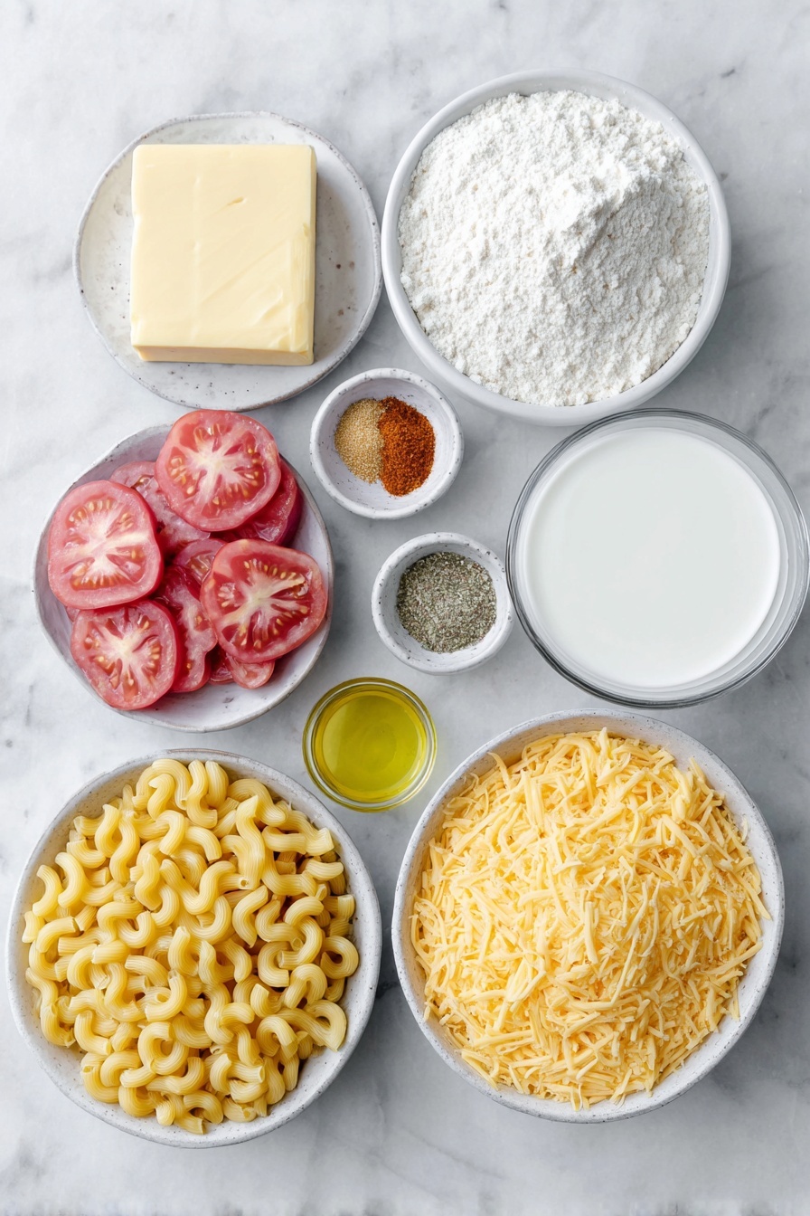 Flat lay of dried elbow macaroni, a half cup of unsalted butter stick, a small white ceramic bowl with all purpose flour, a small white ceramic bowl of whole milk, a small white ceramic bowl of double heavy cream, a pile of shredded mixed cheddar and gruyere cheese, a small white ceramic bowl with salt crystals, a small white ceramic bowl with mustard powder, a small white ceramic bowl with smoked paprika, several large ripe heirloom tomatoes sliced thinly, a small white ceramic bowl of golden olive oil, all arranged symmetrically and balanced, placed on a clean white marble surface, soft natural light, photo taken with an iPhone, professional food photography style, fresh ingredients, white ceramic bowls, no bottles, no duplicates, no utensils, no packaging --ar 2:3 --v 7 --p m7354615311229779997 - Baked Tomato Mac and Cheese, baked tomato mac and cheese, cheesy baked pasta with tomatoes, easy baked mac and cheese, roasted tomato pasta dish