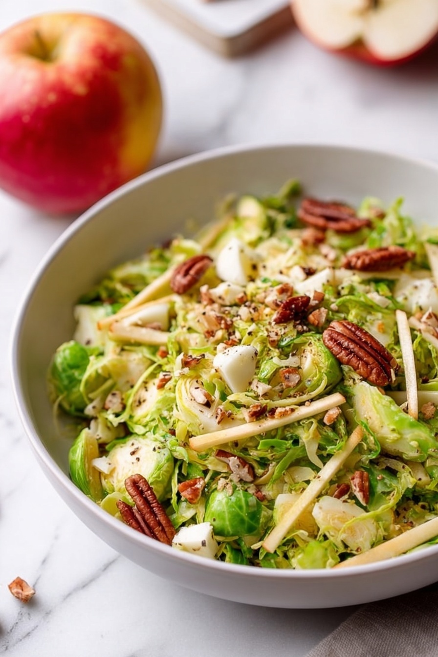 A white bowl filled with a fresh salad featuring multiple layers: the base consists of thinly sliced green Brussels sprouts with a crisp texture, scattered with thin, pale yellow apple sticks. On top, there are toasted brown pecans providing a crunchy element, and small chunks of white cheese sprinkled throughout. The salad looks lightly seasoned with black pepper flakes. In the background, a whole red and yellow apple rests on a white marbled surface, adding color contrast. The scene is bright and clean, with soft natural light illuminating the fresh ingredients. Photo taken with an iphone --ar 2:3 --v 7 - Fall Brussels Sprouts Salad with Apples and Blue Cheese, autumn salad with Brussels sprouts and apples, healthy Brussels sprouts salad, easy fall side dish, seasonal apple and blue cheese salad