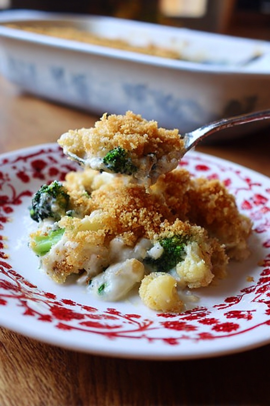 A white plate with a red branch pattern holds a serving of a baked casserole. The bottom layer is golden brown crumb topping that looks crispy. Below this is a creamy white sauce layer, partially covering green broccoli and light yellow cauliflower pieces. The casserole looks hot and freshly scooped, with a spoon above it. The plate is on a wooden table, and there is a white marbled background. Photo taken with an iphone --ar 2:3 --v 7 - Creamy Broccoli Cauliflower Casserole, broccoli and cauliflower bake, cheesy vegetable casserole, easy healthy vegetable side dish, veggie casserole with cheese