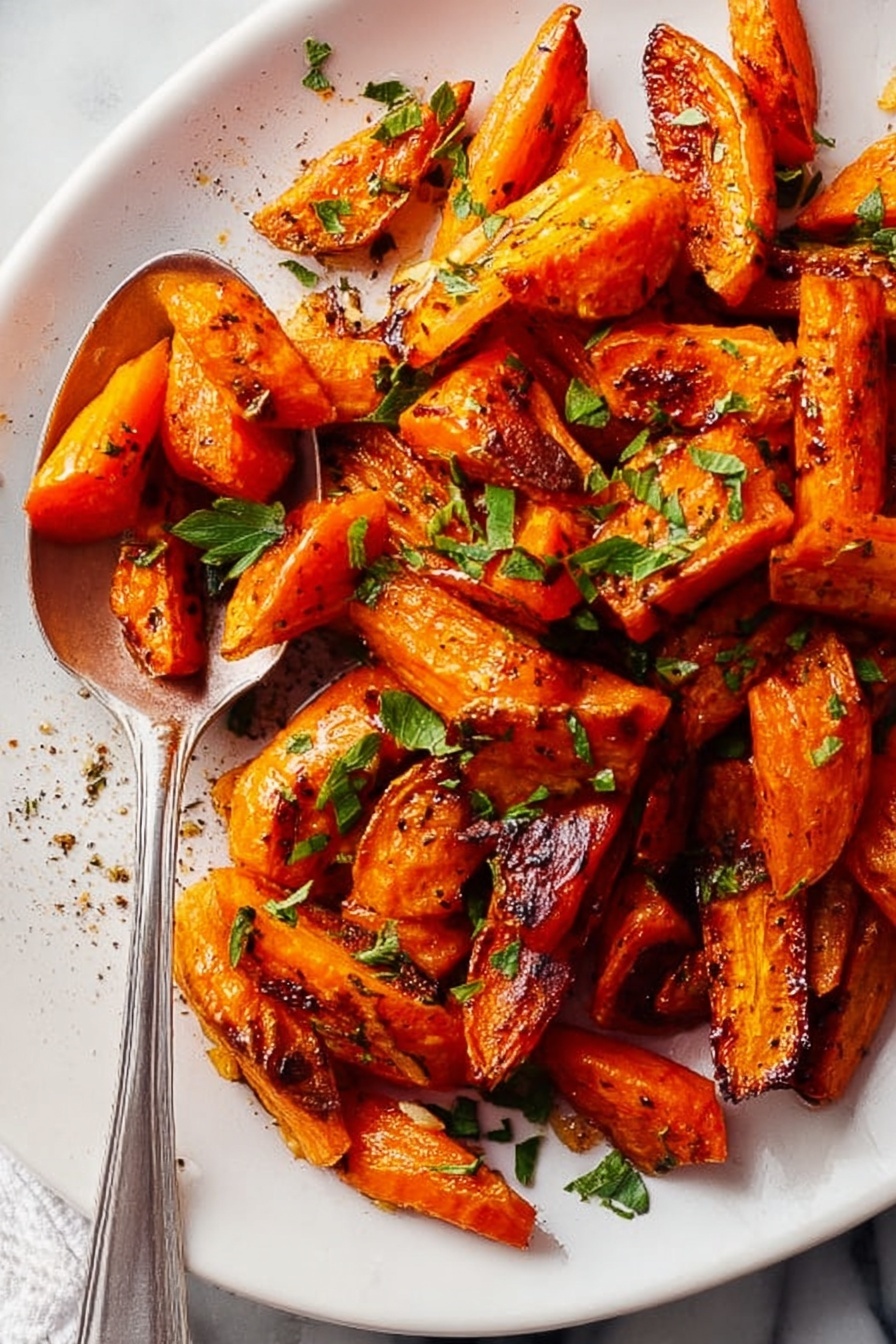 The image shows a white plate filled with roasted carrot pieces, each piece orange with some parts browned and slightly charred, giving a crispy texture. The carrots are sliced into thick, uneven chunks, arranged in a loose pile. Small bits of green herbs are scattered on top, adding a fresh contrast. A silver spoon rests on the plate, holding several carrot pieces, and the edge of the plate shows some seasoning like pepper. The whole scene sits on a white marbled surface. photo taken with an iphone --ar 2:3 --v 7 - Perfect Roasted Carrots, roasted carrots recipe, easy roasted vegetables, healthy side dishes, caramelized carrots