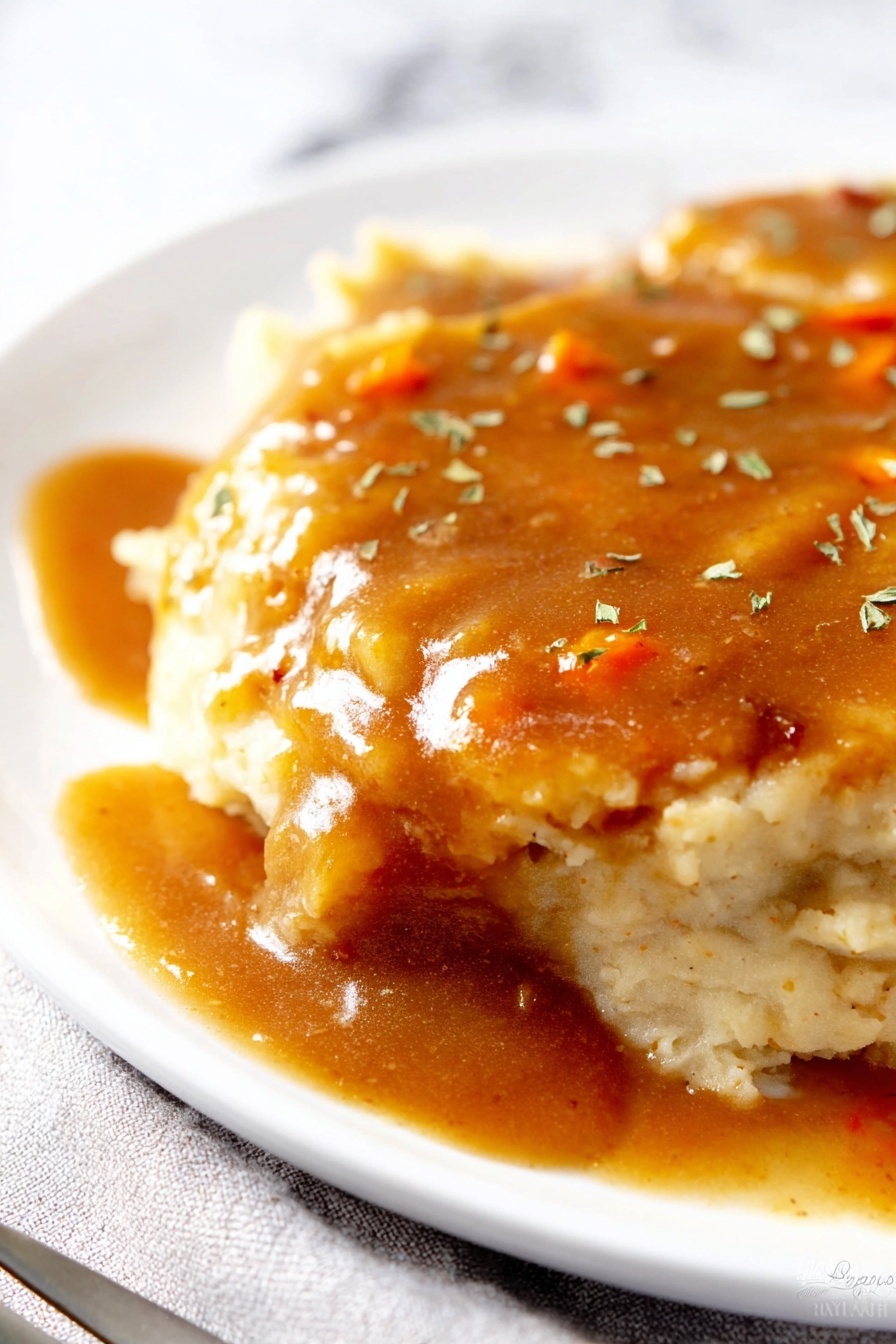 A close-up of a plate with two layers of light beige mashed potatoes, soft and creamy in texture. On top, there is a thick layer of brown gravy with a shiny, smooth texture, containing small orange bits, possibly carrots. The gravy is spread evenly, slightly dripping on the sides. The dish is sprinkled with small green herb pieces. The white plate rests on a white marbled surface with a silver fork partially visible on the bottom left side. Photo taken with an iphone --ar 2:3 --v 7 - Creamy Cabbage Coleslaw, cabbage coleslaw recipe, tangy coleslaw salad, creamy slaw dressing, easy summer salad