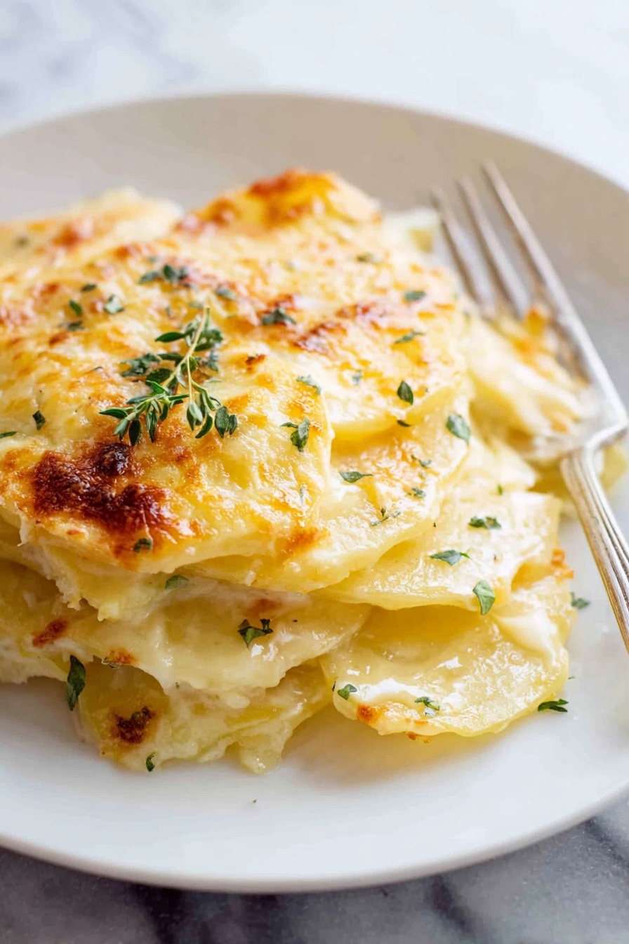 A close-up of a plate holding a serving of creamy potato gratin. The dish has multiple thin layers of soft, pale yellow potatoes, each covered with a smooth, light golden sauce that looks cheesy and slightly browned on top. The top layer is bubbly and lightly browned with small green herb leaves scattered across it, adding a fresh touch. On the edge of the white plate, there is a silver fork resting. The background shows a white marbled surface. photo taken with an iphone --ar 2:3 --v 7 - Creamy Potato Dauphinoise Bake, potato gratin, cheesy potato casserole, garlic potato bake, French potato side dish